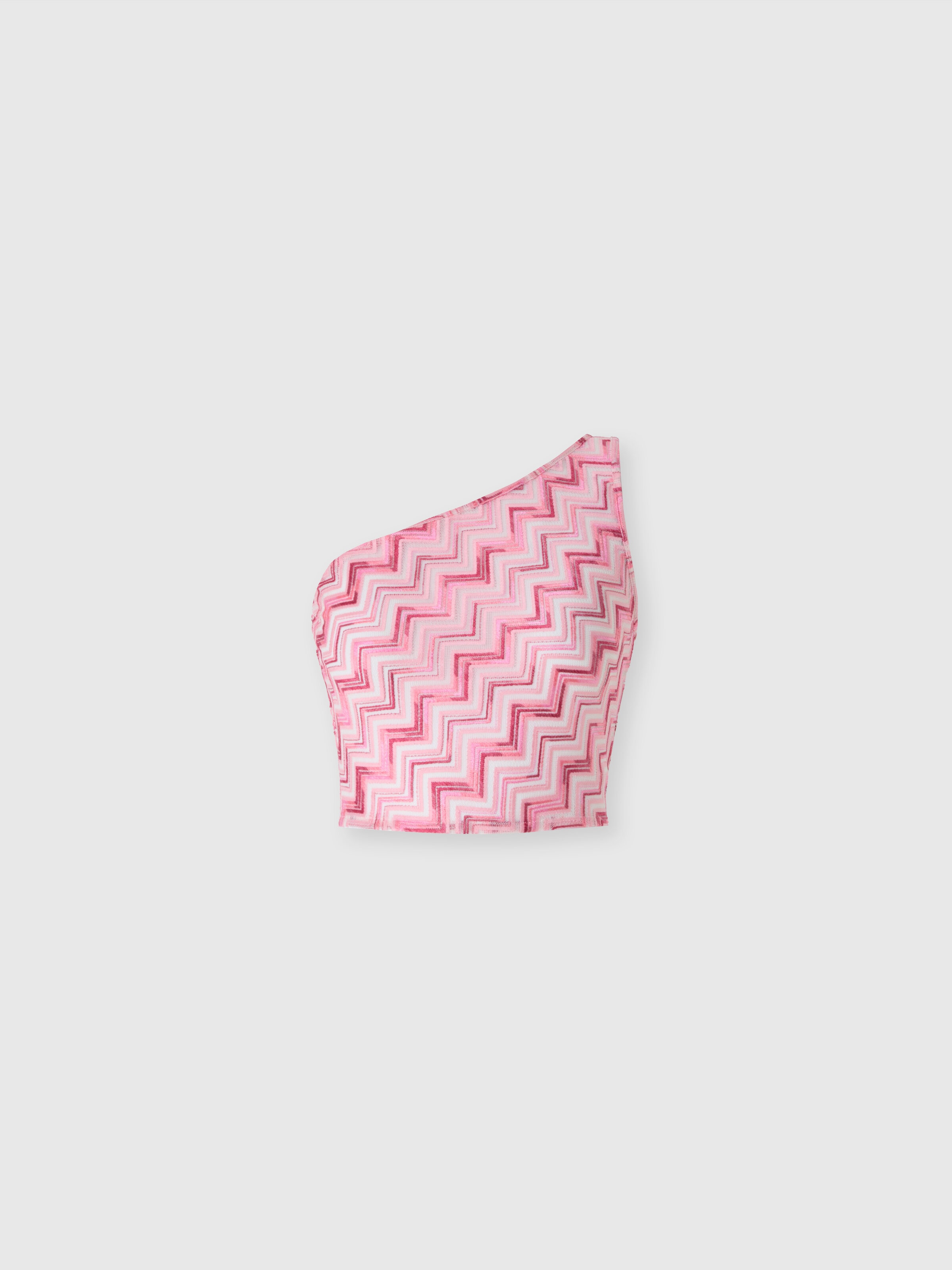 One-shoulder viscose-blend tulle top with slub zigzag, White &  Pink  - 0
