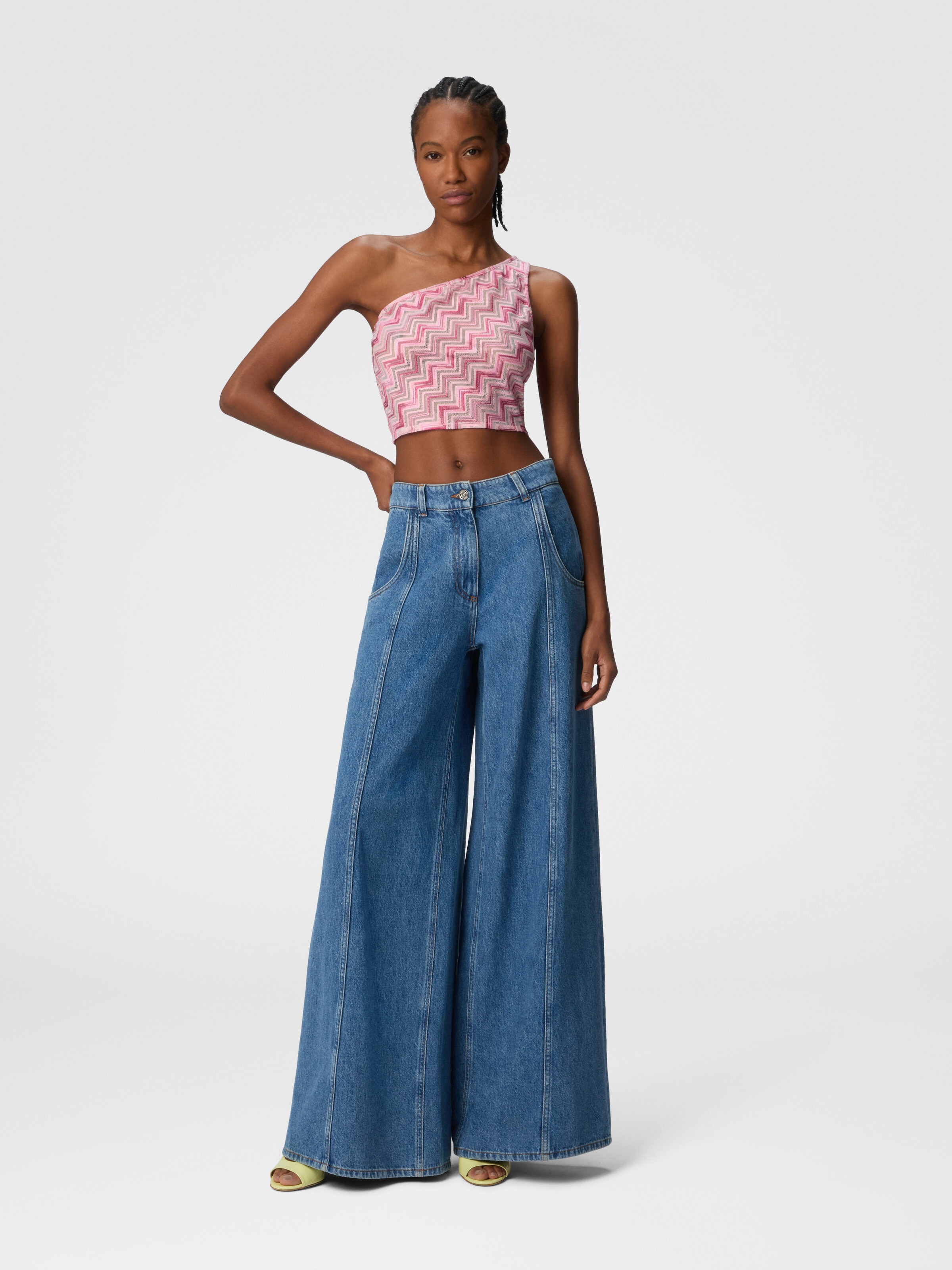 One-shoulder viscose-blend tulle top with slub zigzag, White &  Pink  - 1