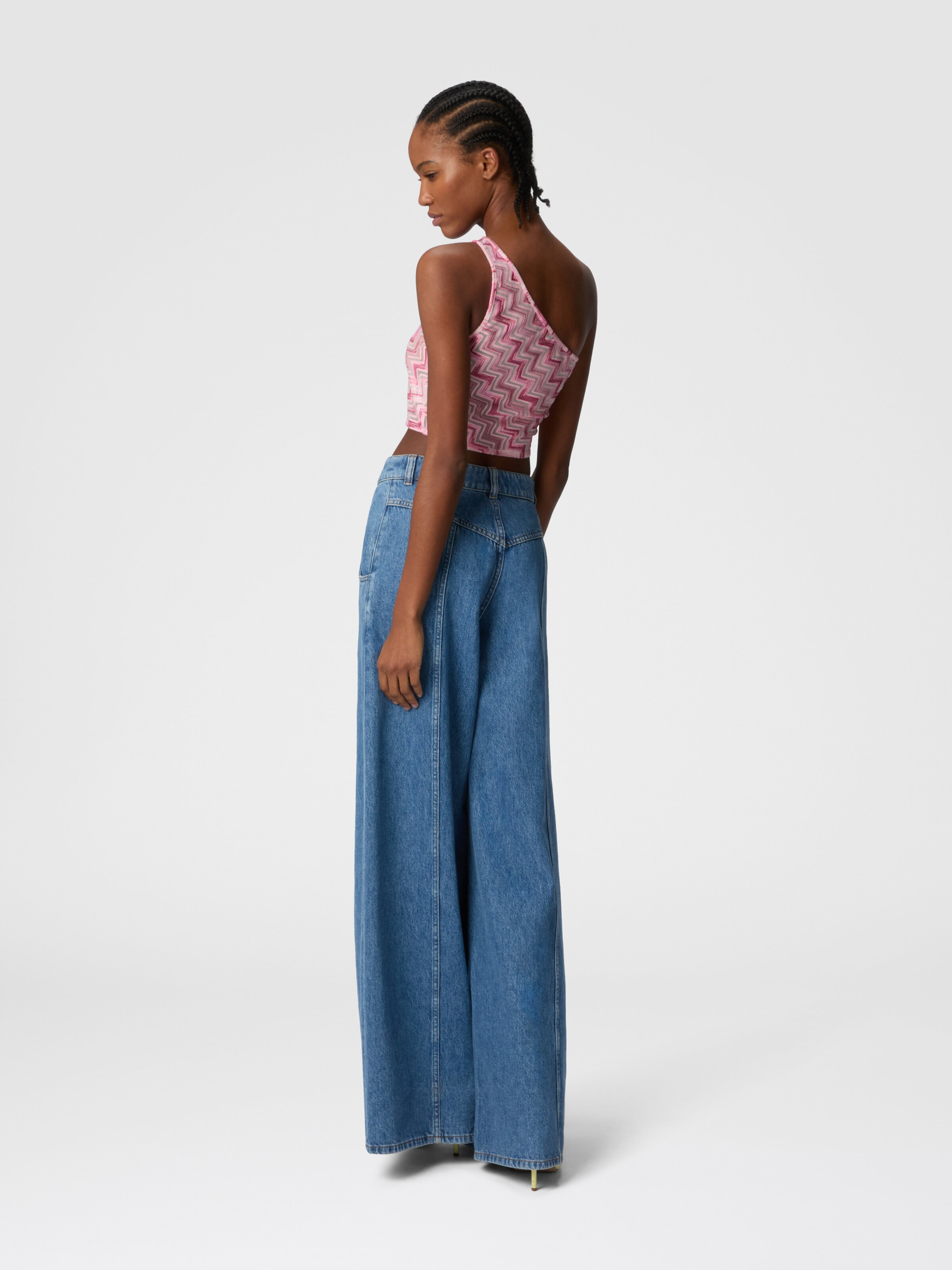 One-shoulder viscose-blend tulle top with slub zigzag, White &  Pink  - 2