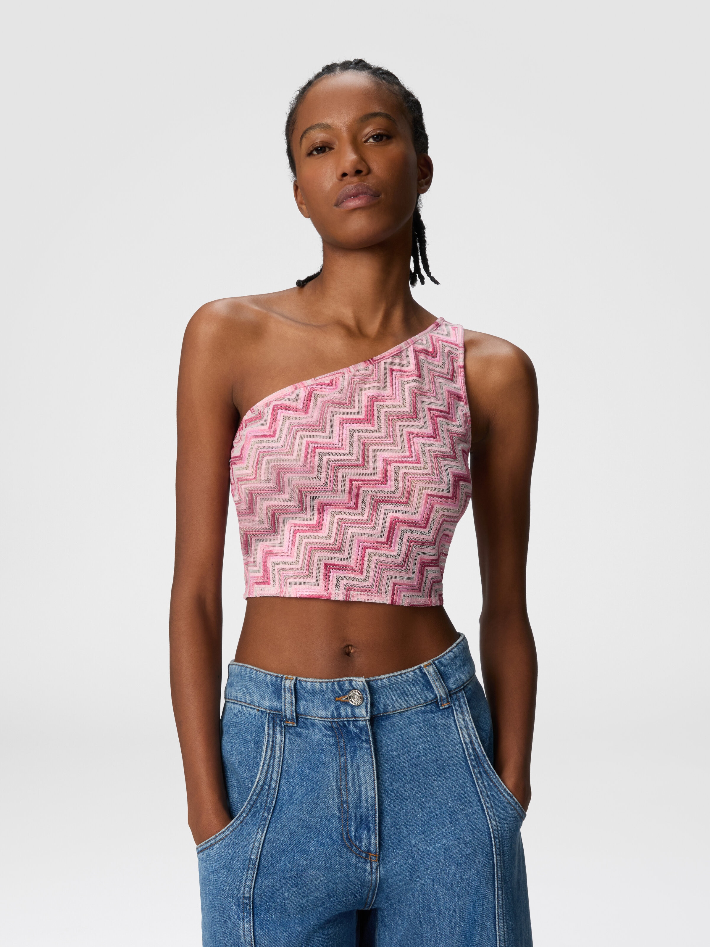 One-shoulder viscose-blend tulle top with slub zigzag, White &  Pink  - 3