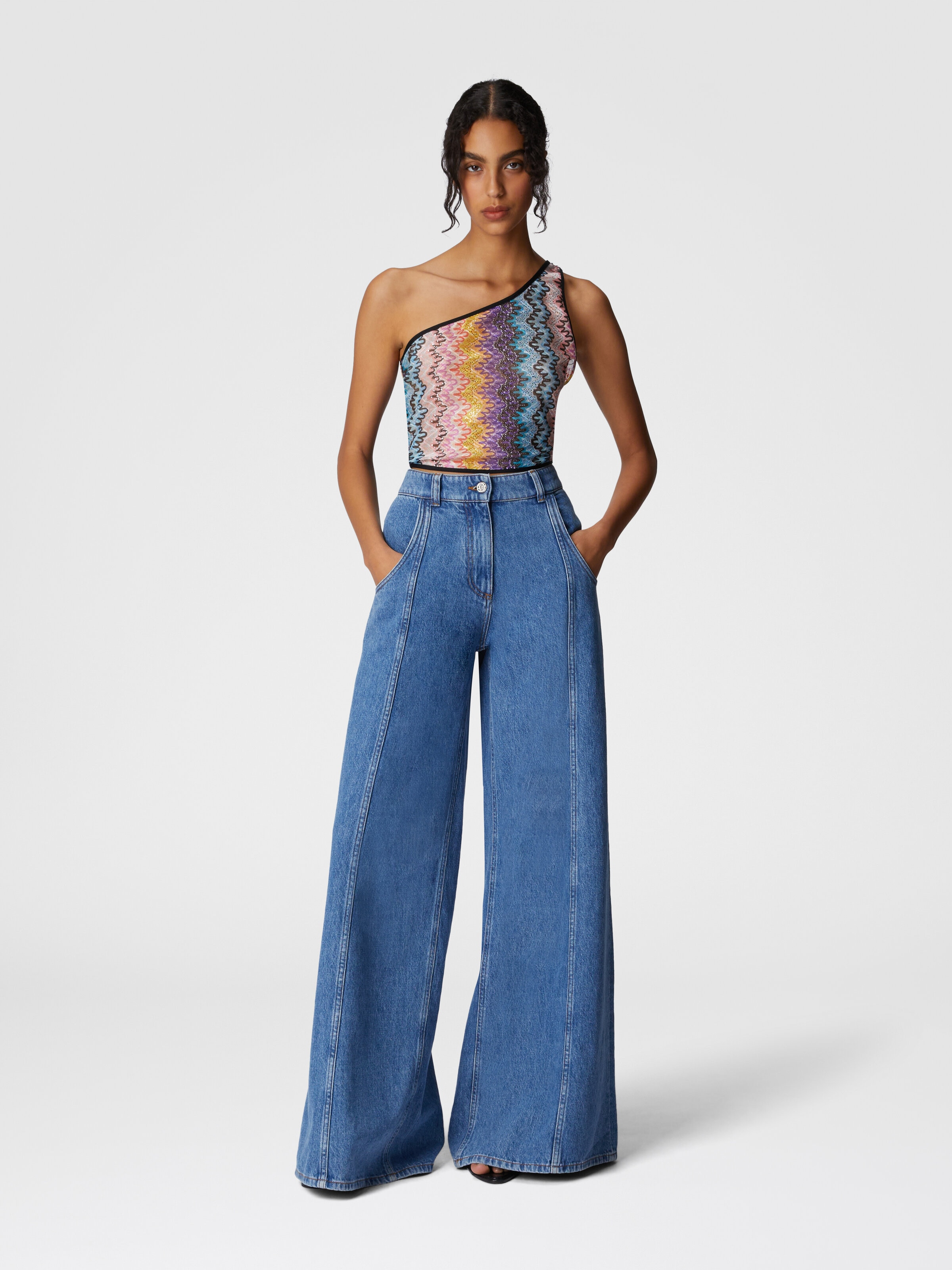 Printed lace one-shoulder top, Multicoloured  - 1
