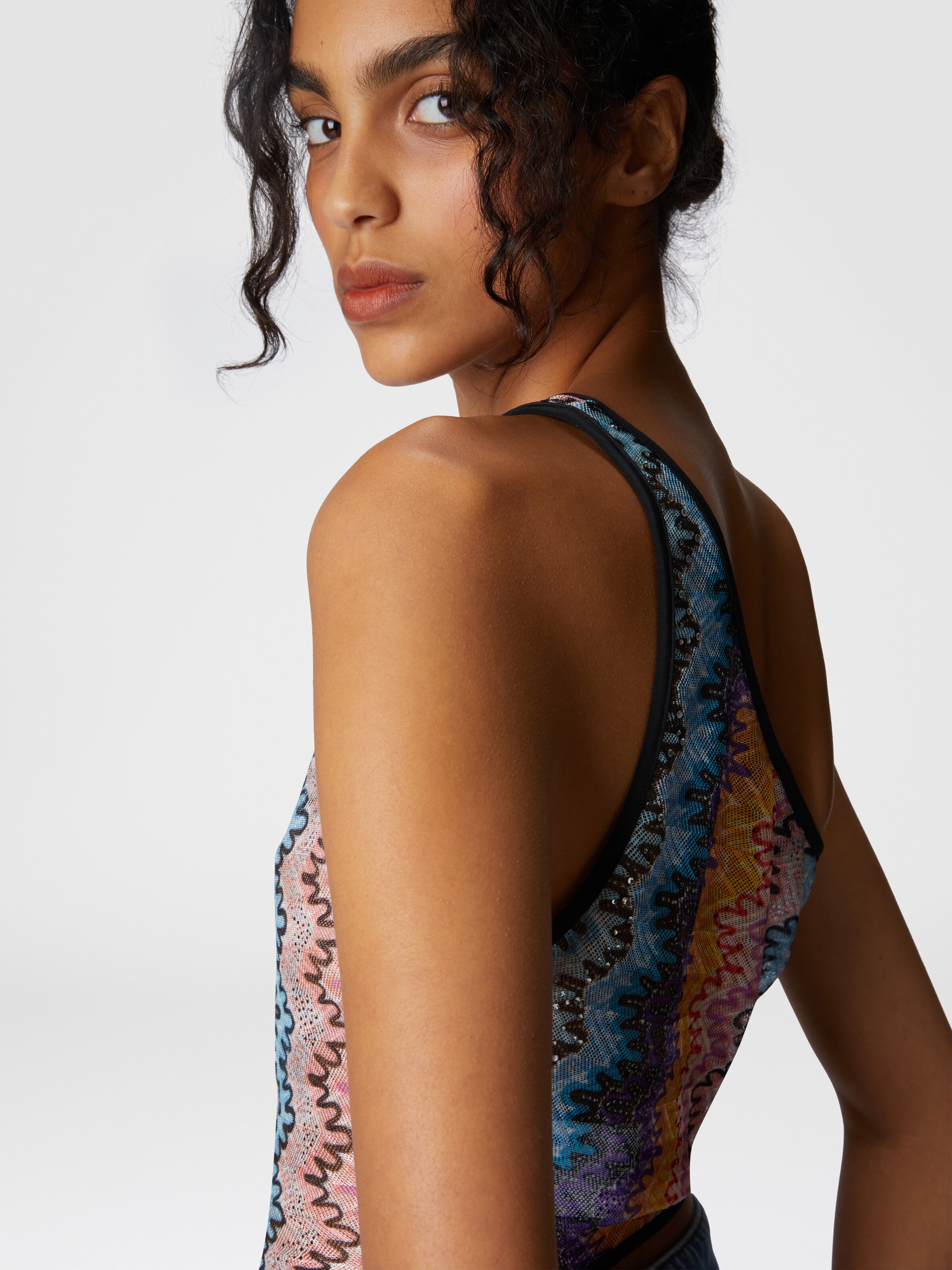 Printed lace one-shoulder top, Multicoloured  - 4