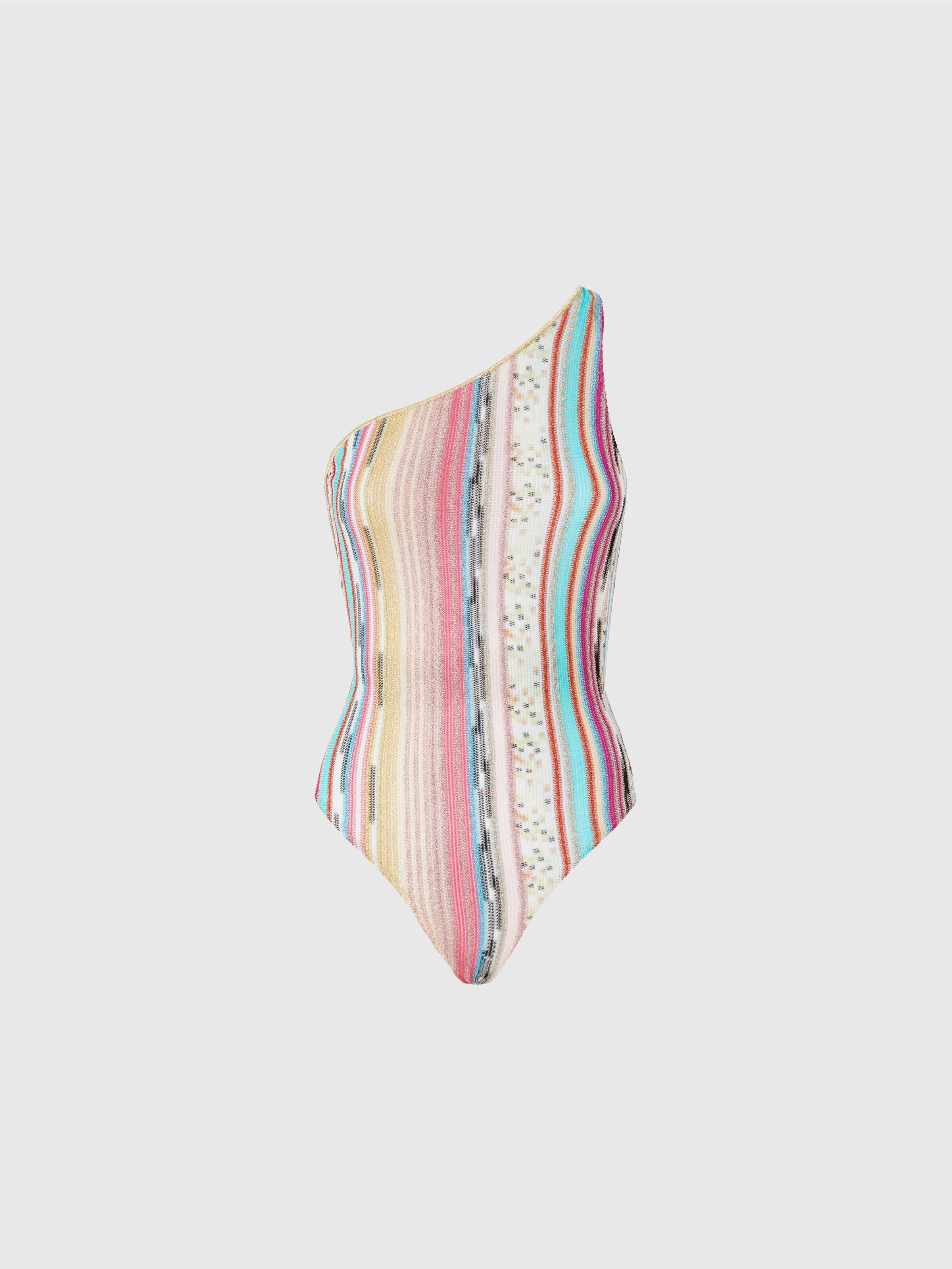 One-shoulder one-piece swimsuit in lamé slub viscose, Multicoloured  - 0