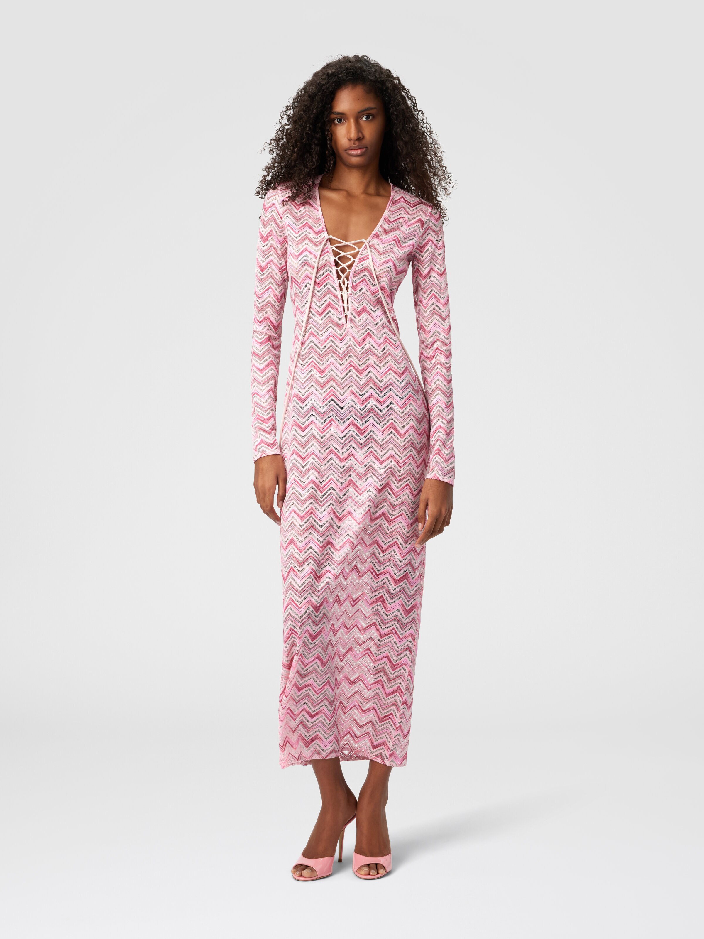 Viscose-blend tulle cover-up dress with slub zigzag, White &  Pink  - 1