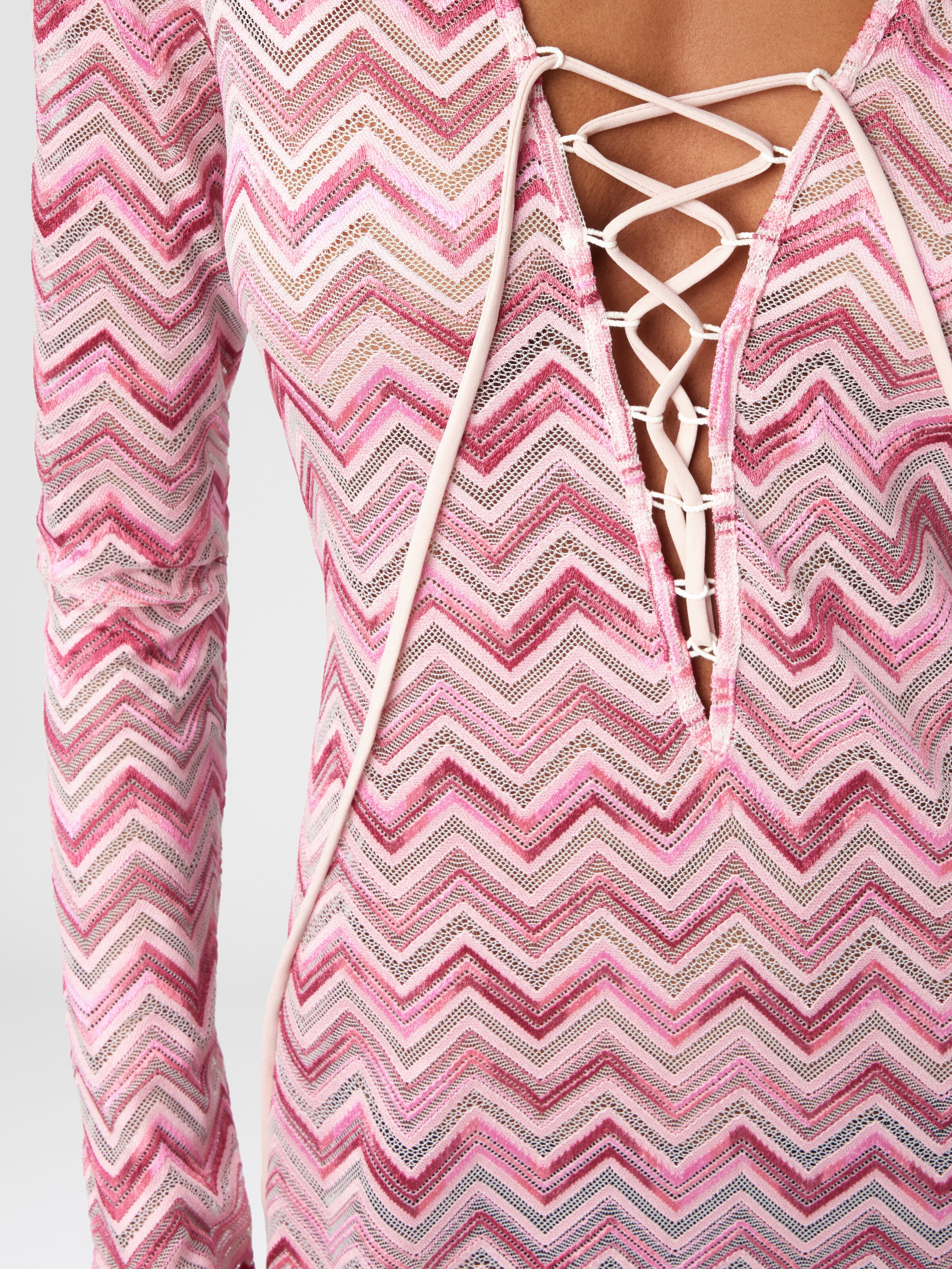 Viscose-blend tulle cover-up dress with slub zigzag, White &  Pink  - 4