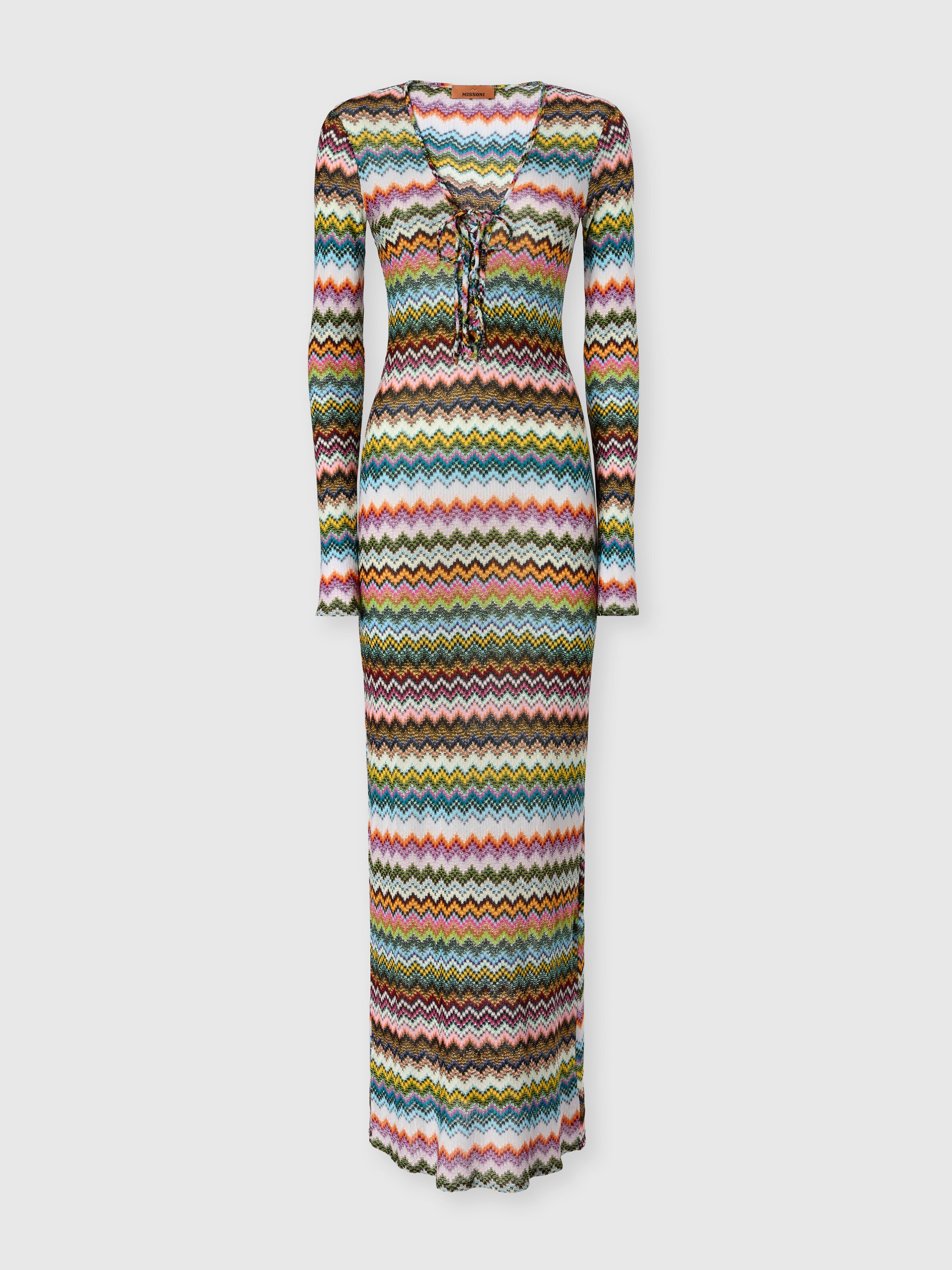 Long cover-up in lamé viscose with pixel-effect zigzag pattern, Black & Multicoloured - 0