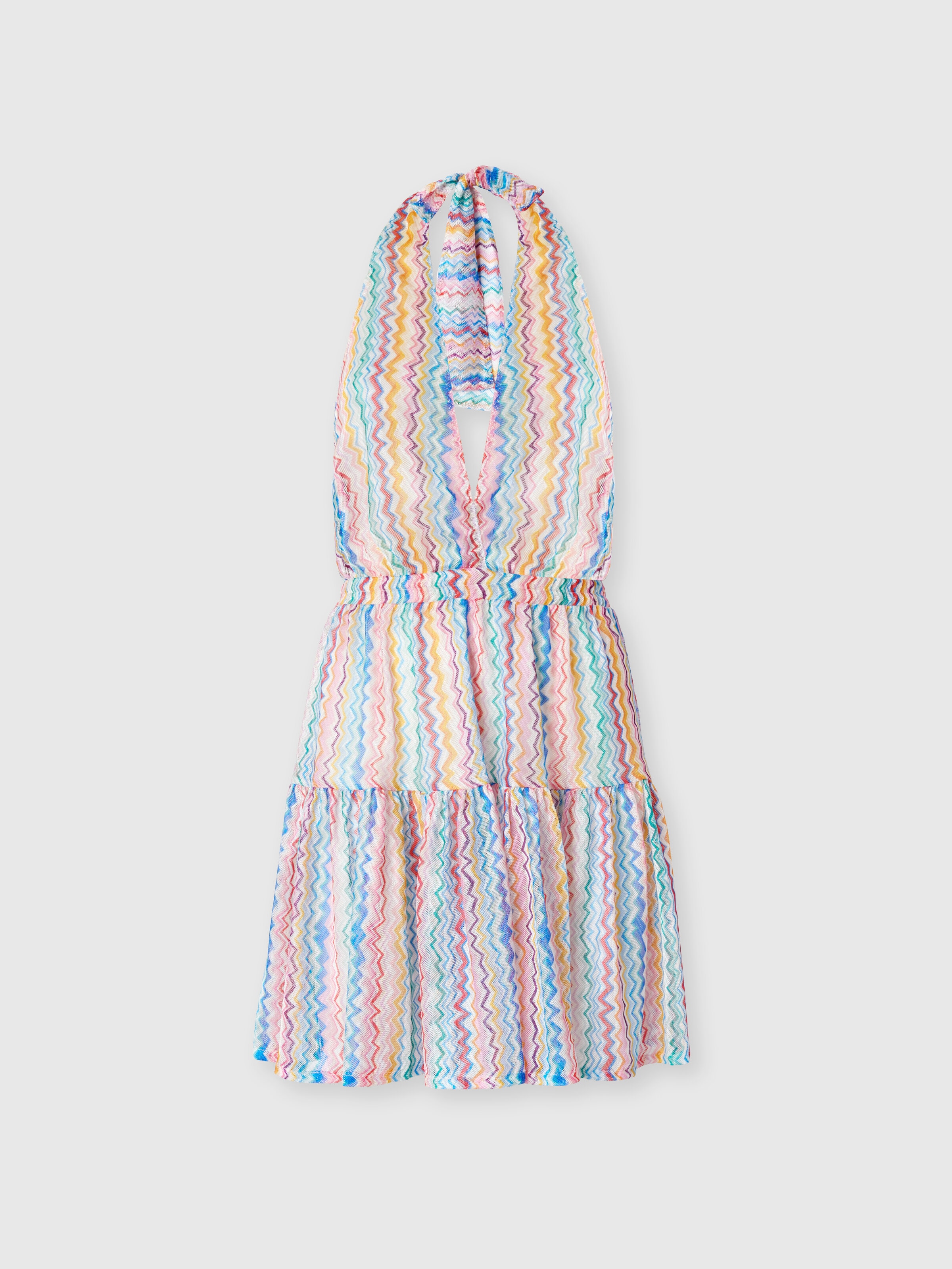Short Cover-Up Dress with Zigzag Pattern and Tiered Skirt, Multicoloured  - 0