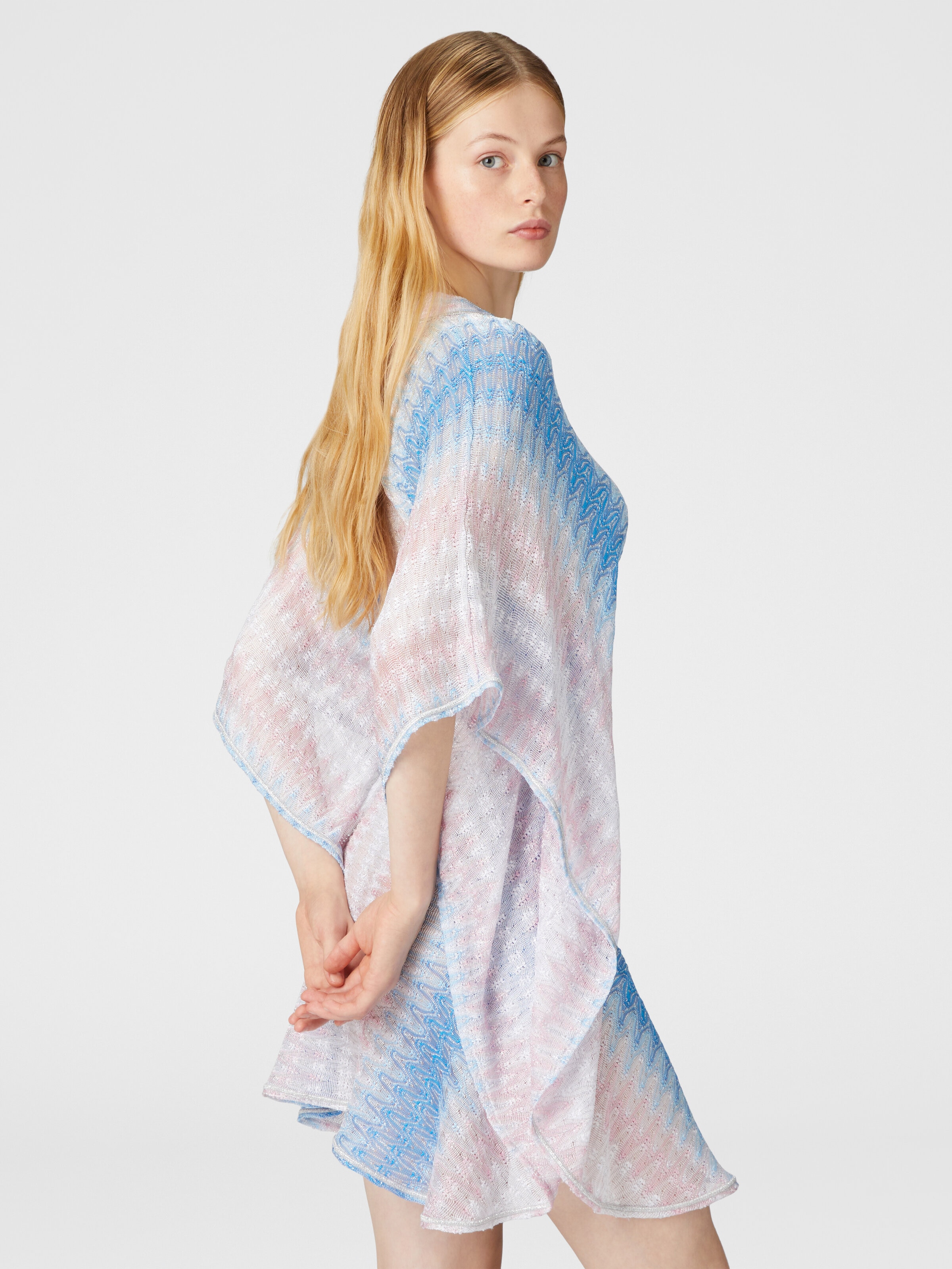Short caftan-style cover-up, Blue & Pink   - 3