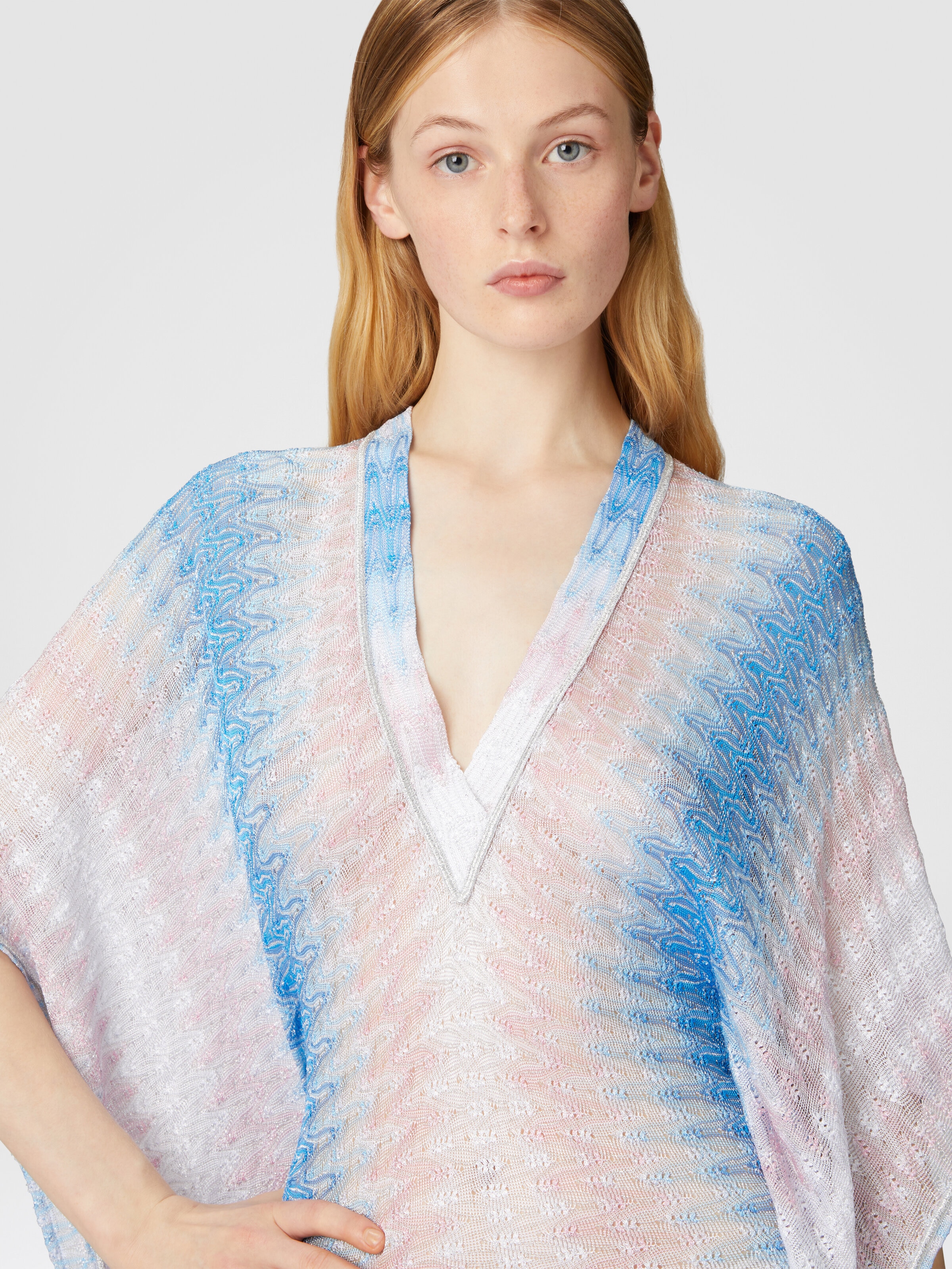 Short caftan-style cover-up, Blue & Pink   - 4