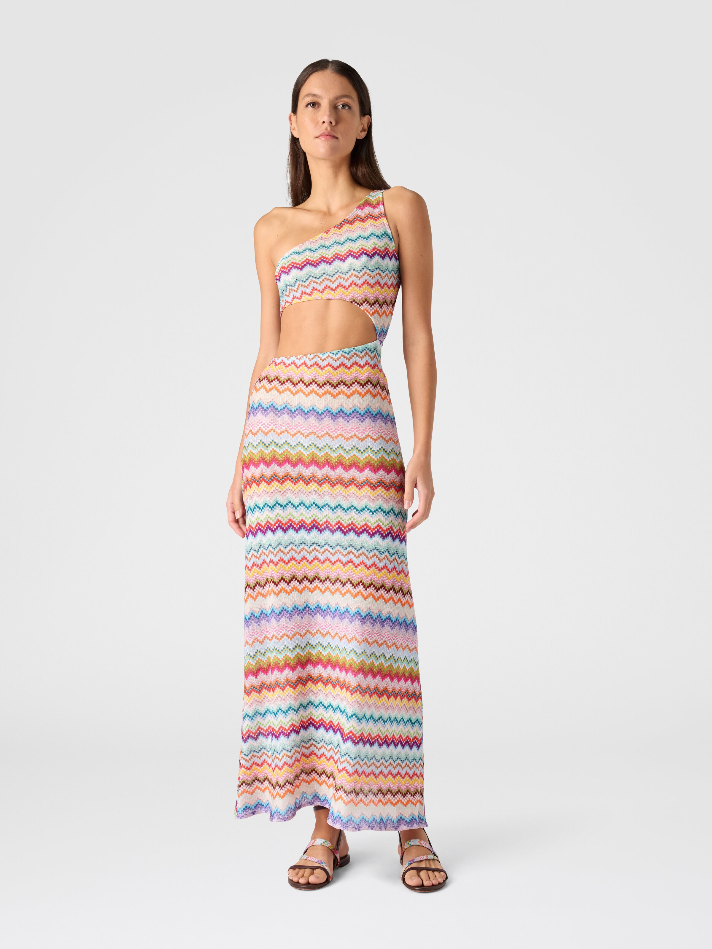 One-shoulder cover-up in lamé viscose with pixel-effect zigzag pattern, Multicoloured  - 1