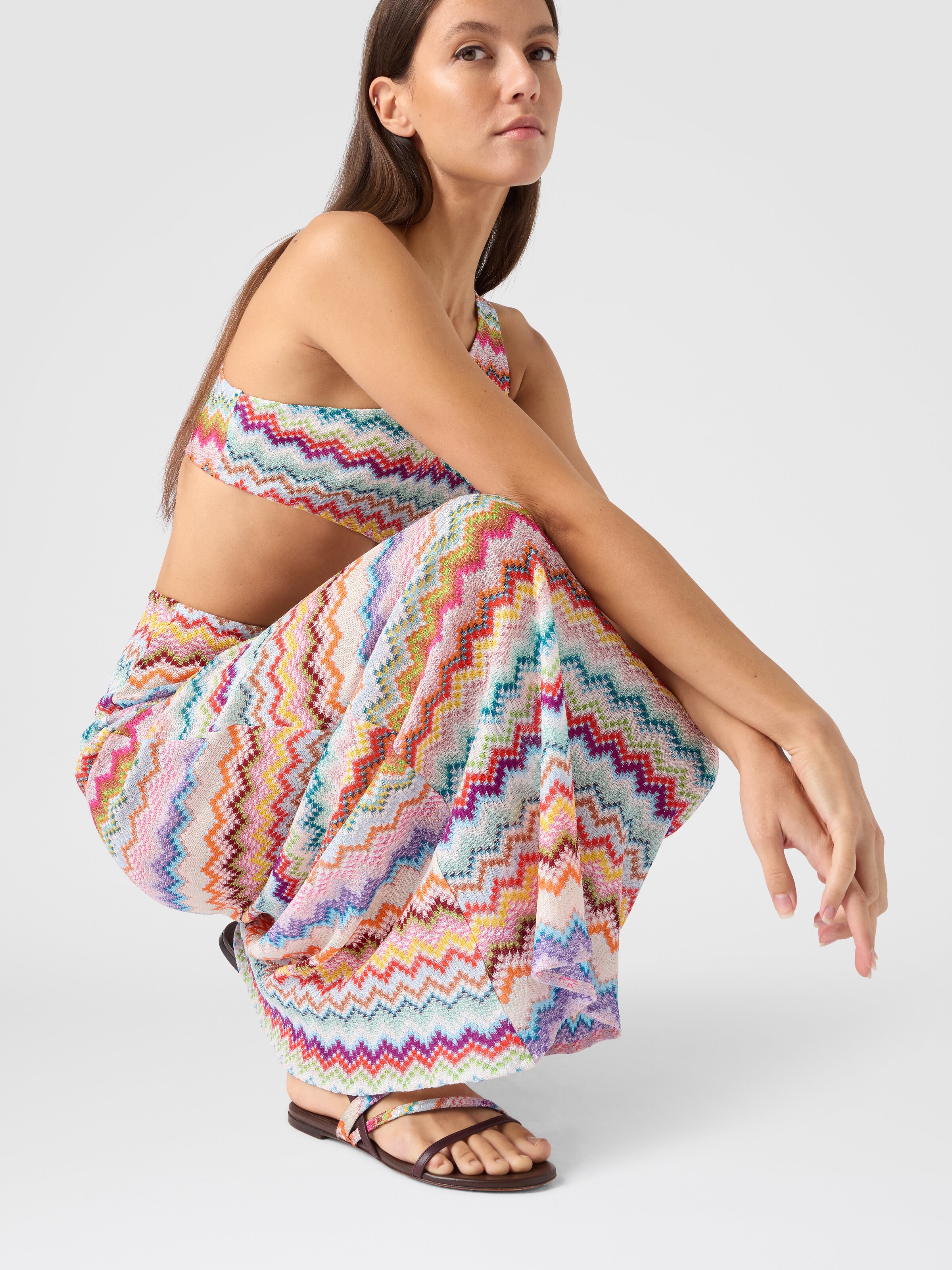 One-shoulder cover-up in lamé viscose with pixel-effect zigzag pattern, Multicoloured  - 3