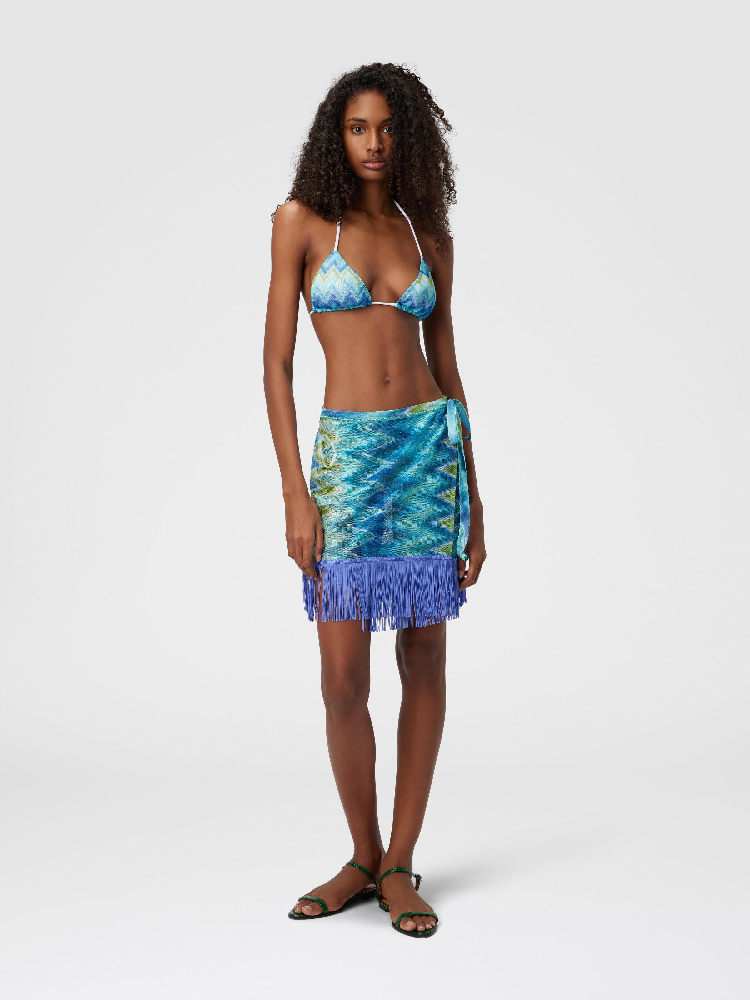 Wrap Skirt with Fringes and Faded Stripes, Blue & Green - 1
