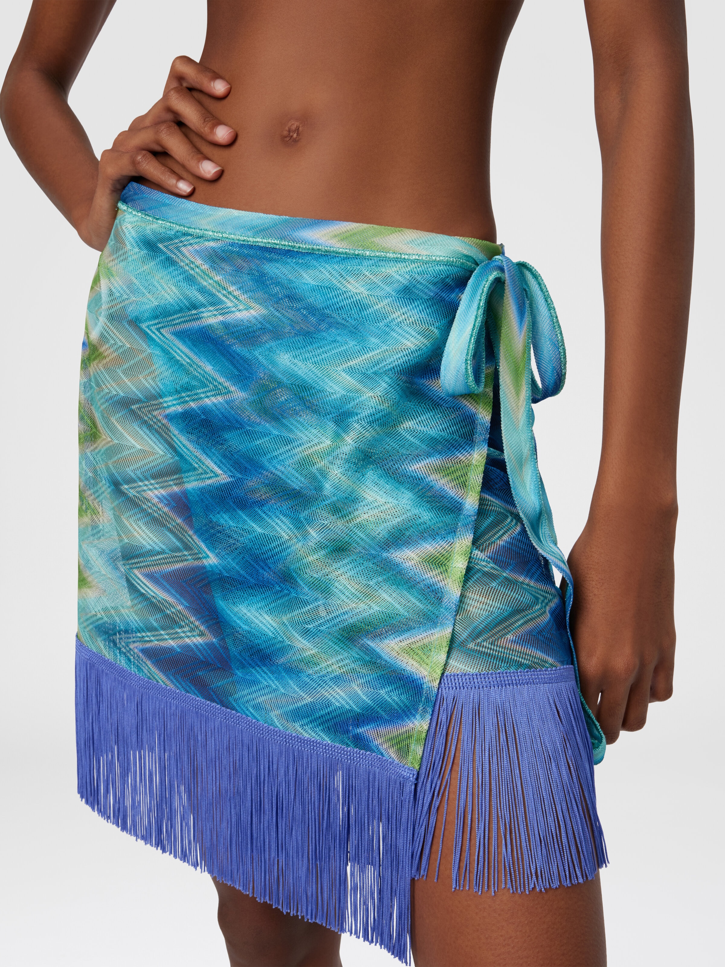 Wrap Skirt with Fringes and Faded Stripes, Blue & Green - 3