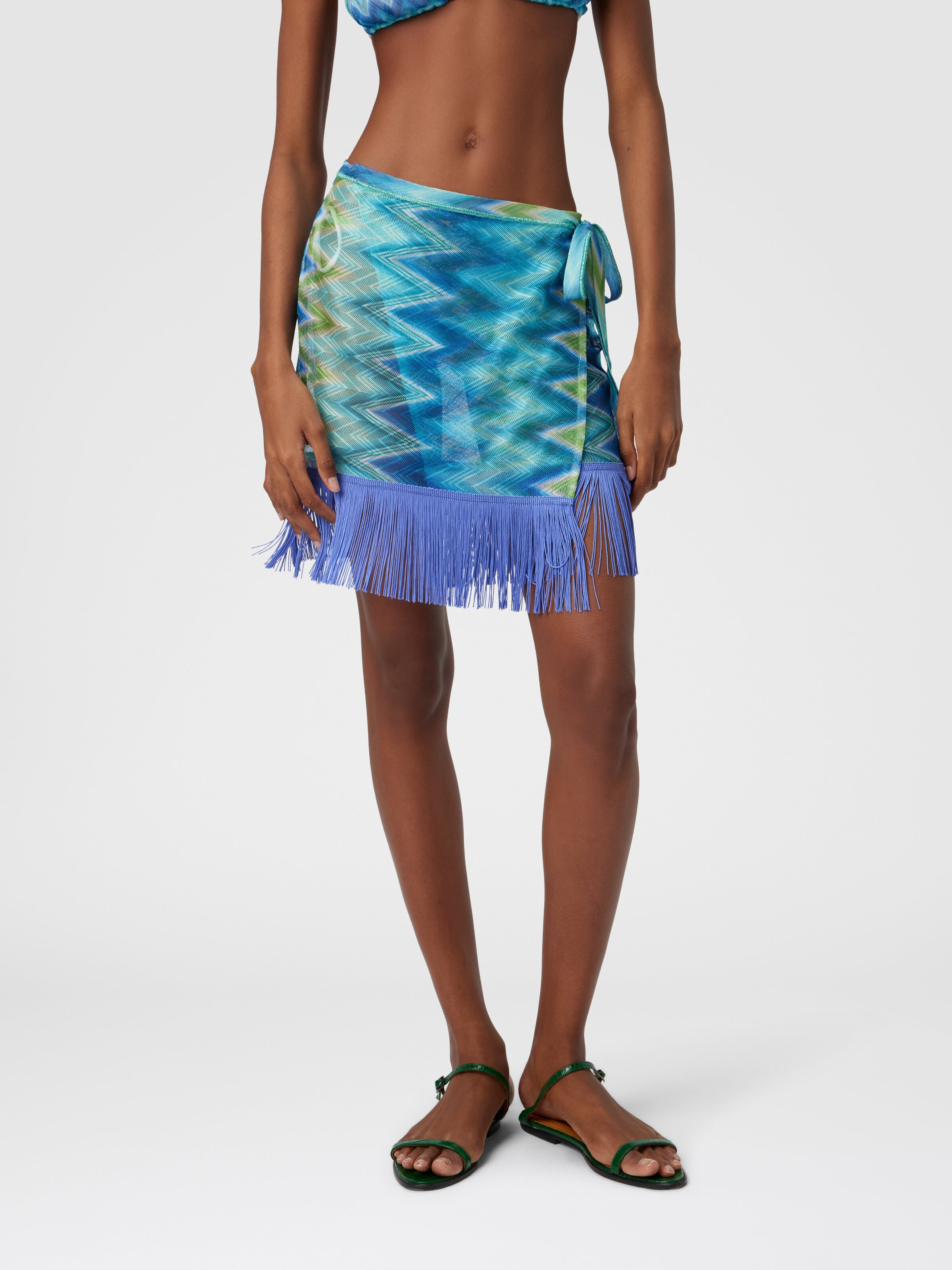 Wrap Skirt with Fringes and Faded Stripes, Blue & Green - 4