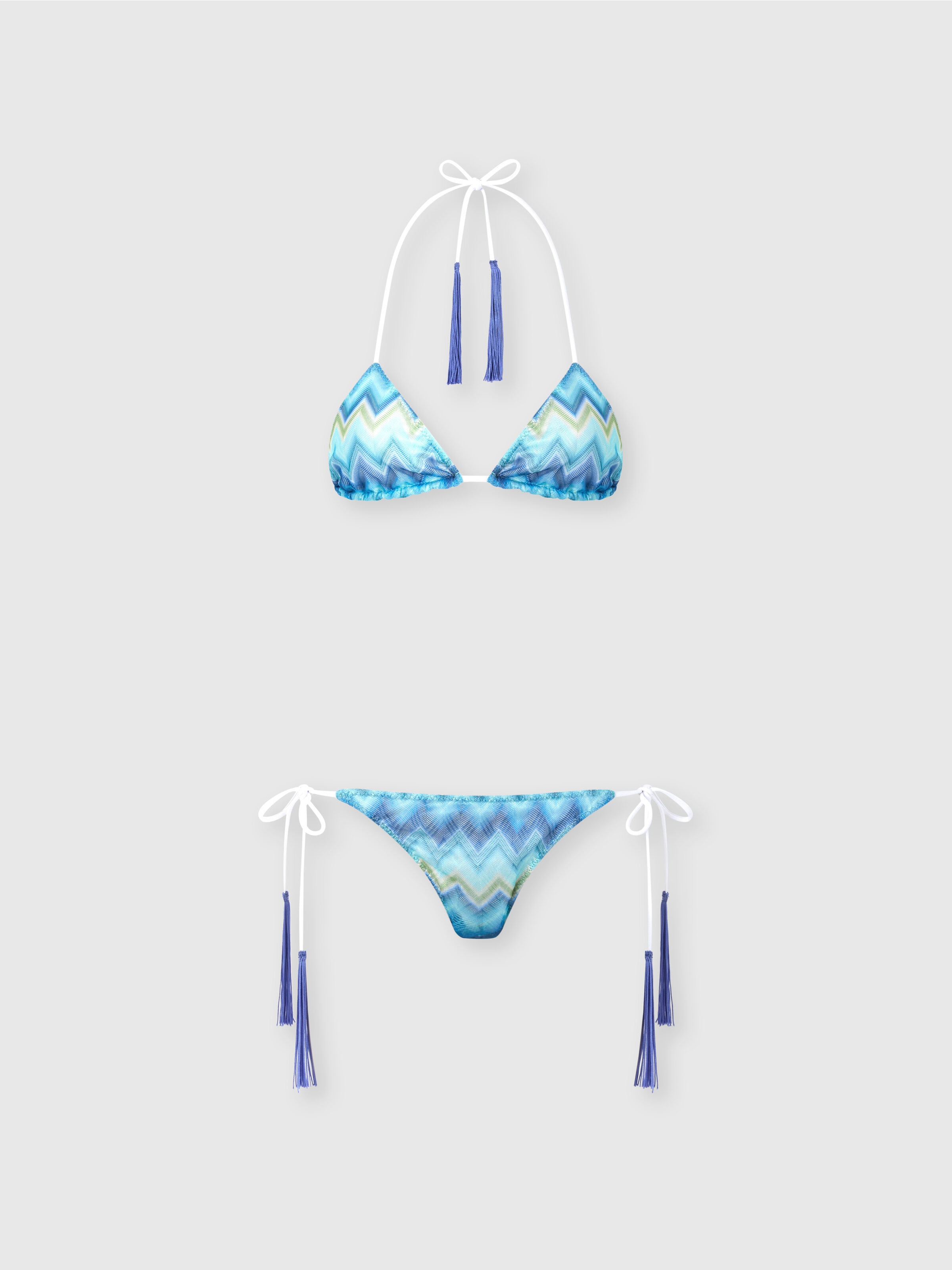 Bikini a triangolo con nappine con motivo a righe sfumato, Blu & Verde - 0