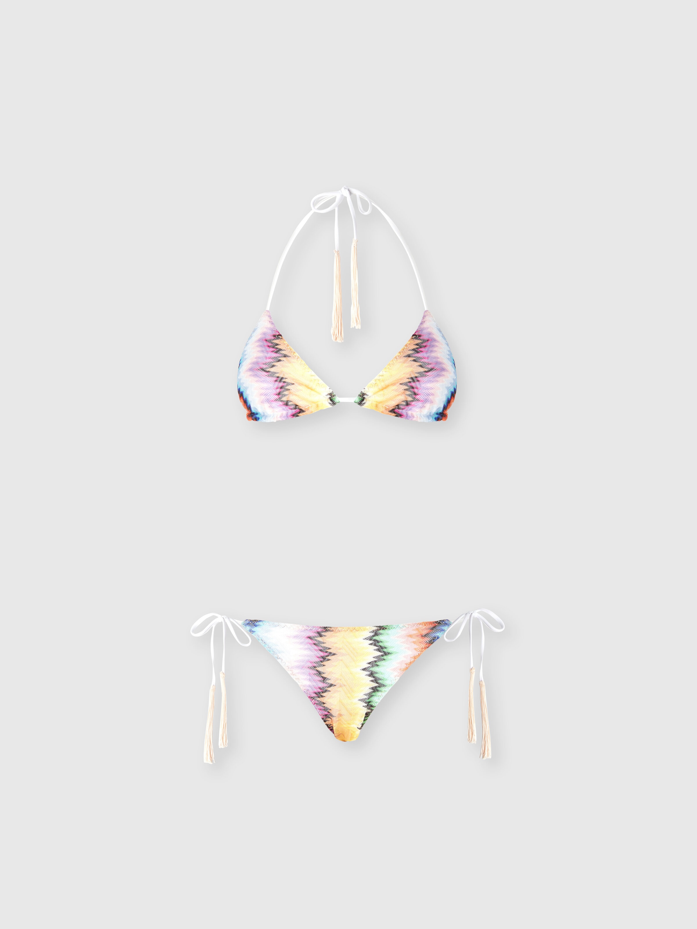Triangle Bikini with Tassels and Faded Stripes, Multicoloured  - 0
