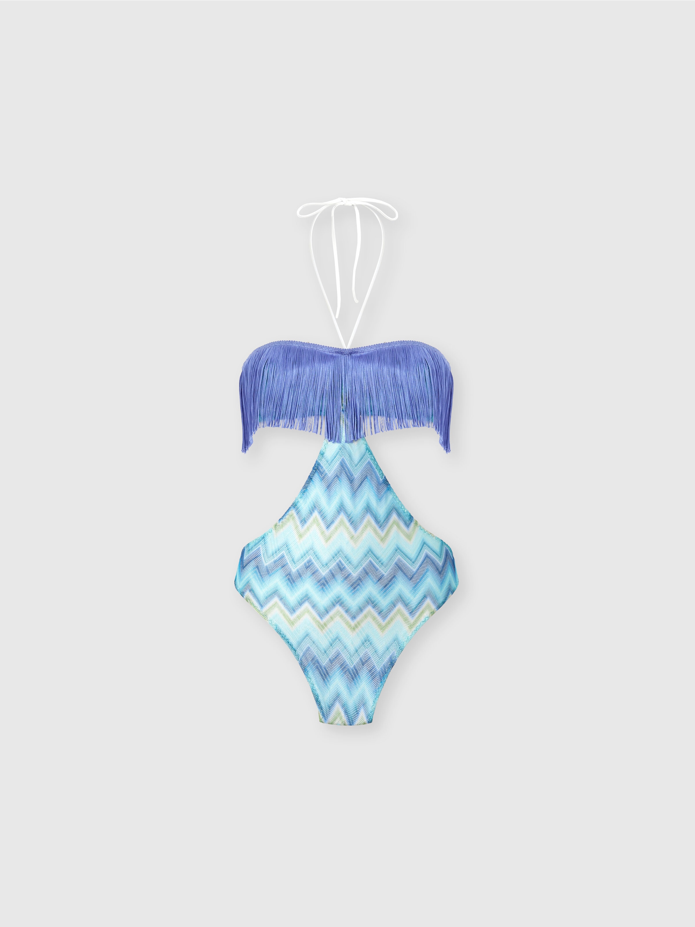 One-Piece Swimsuit with Fringes and Faded Stripes, Blue & Green - 0