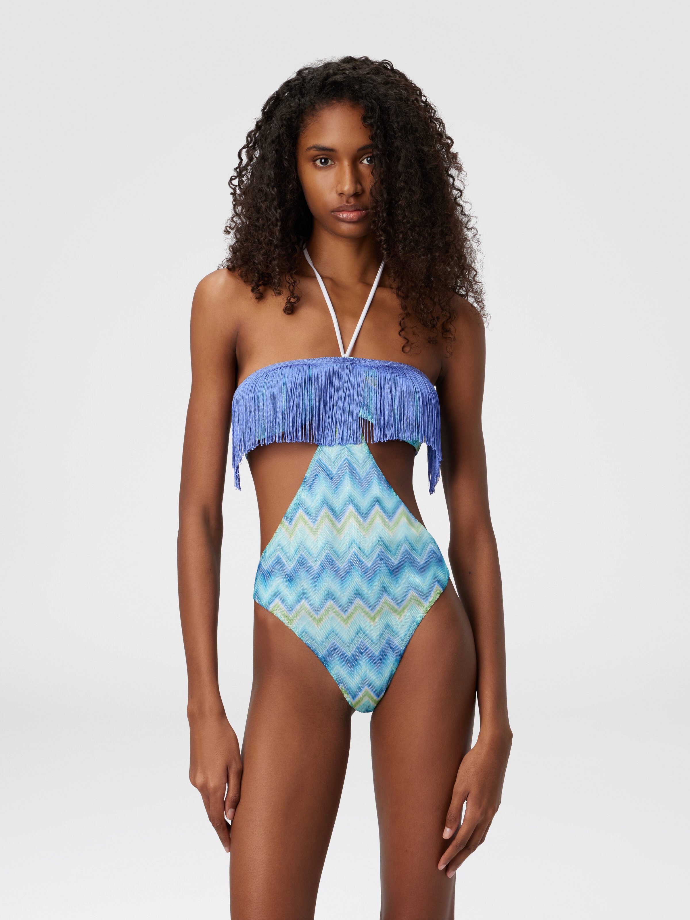 One-Piece Swimsuit with Fringes and Faded Stripes, Blue & Green - 1