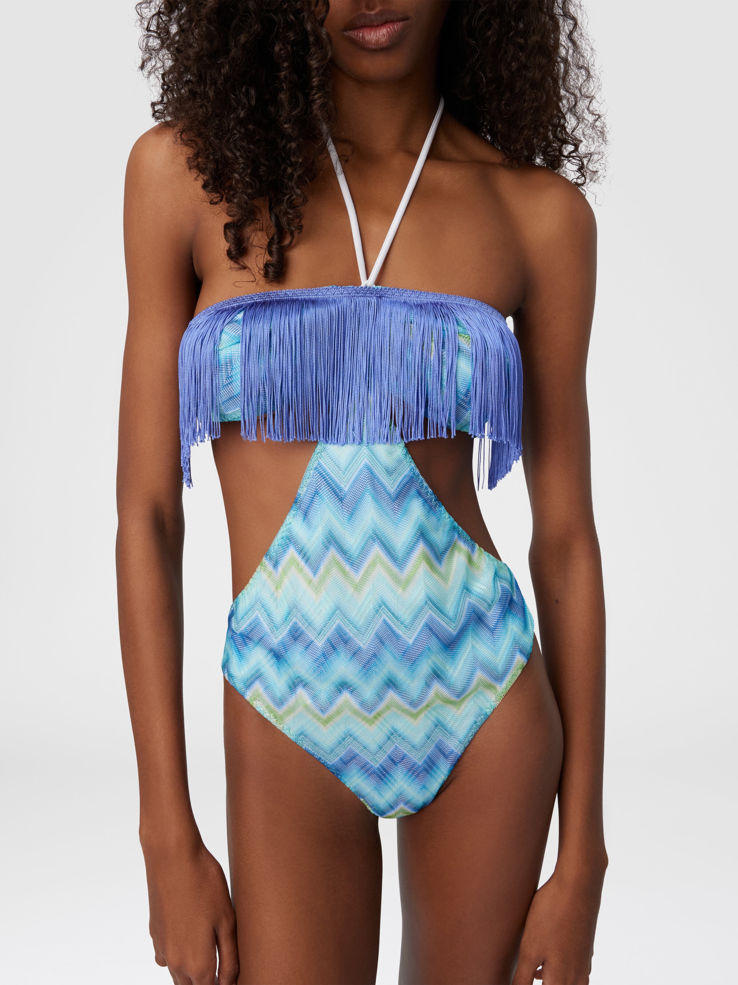 One-Piece Swimsuit with Fringes and Faded Stripes, Blue & Green - 3