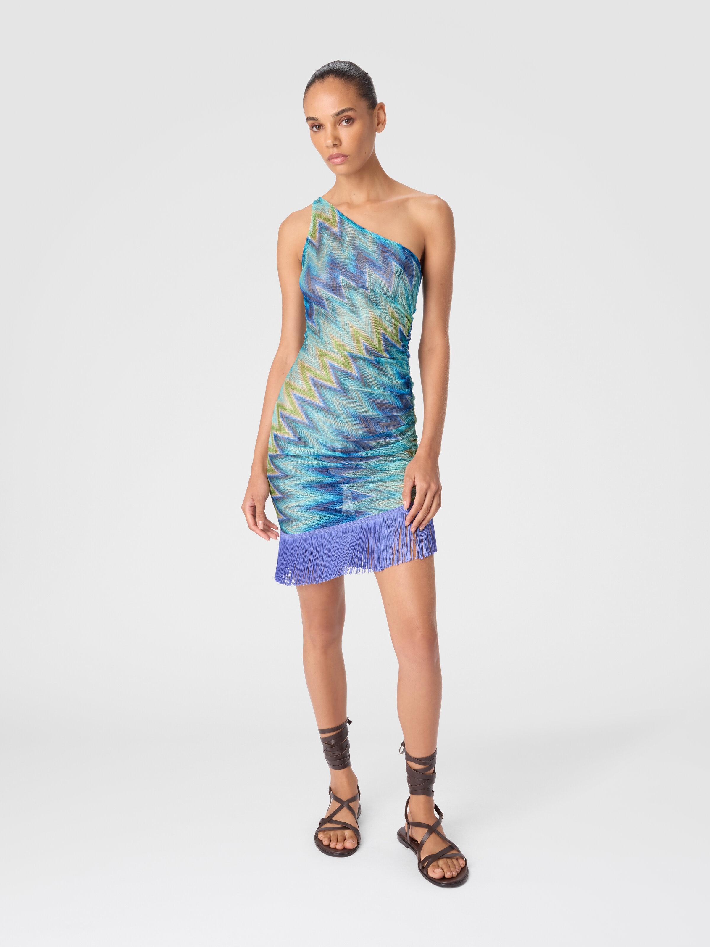 Robe de plage asymétrique à franges à rayures dégradées, Bleu & Vert  - 1