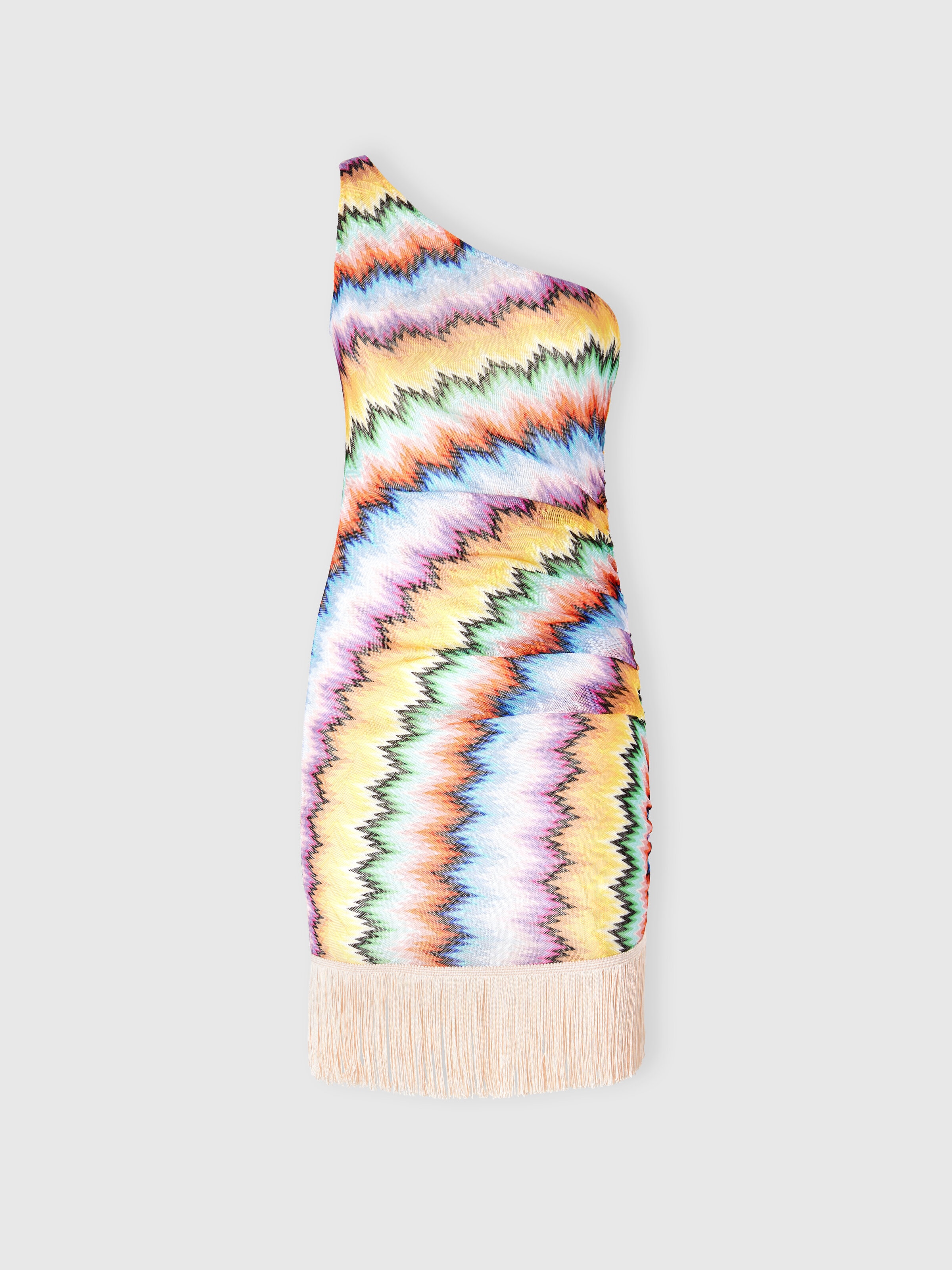 One-Shoulder Cover-Up with Fringes and Faded Stripes, Multicoloured  - 0