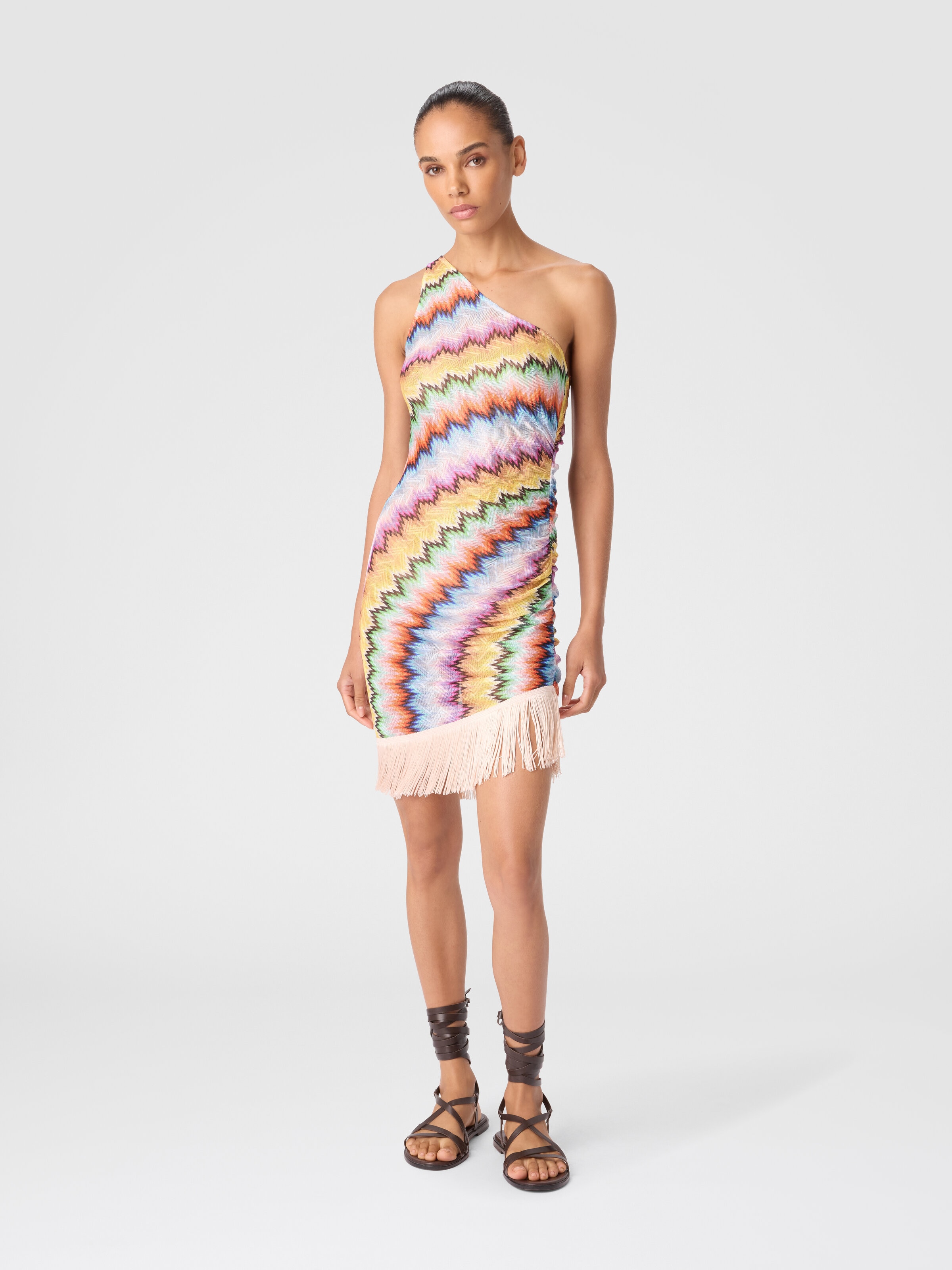One-Shoulder Cover-Up with Fringes and Faded Stripes, Multicoloured  - 1