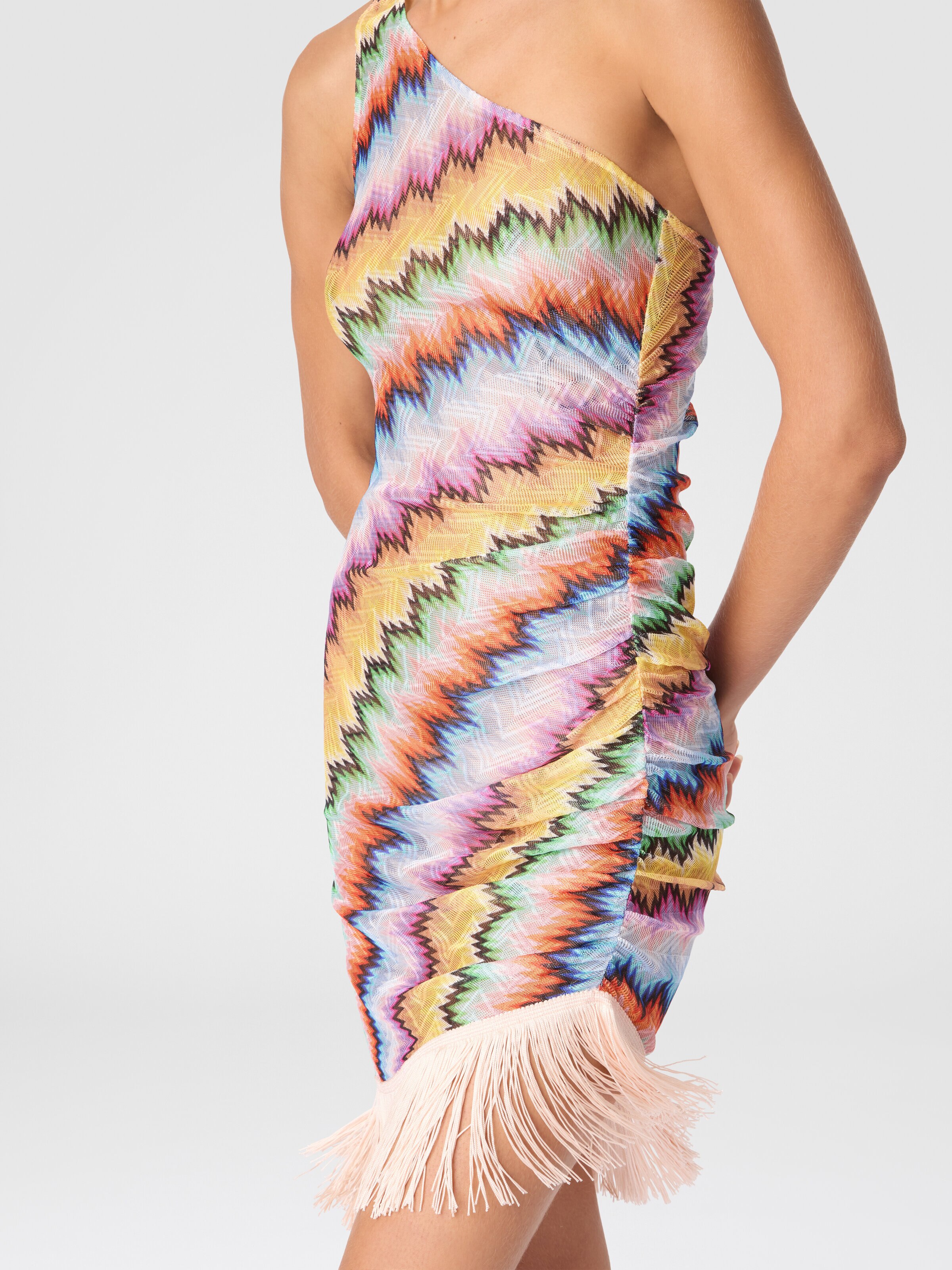 One-Shoulder Cover-Up with Fringes and Faded Stripes, Multicoloured  - 3