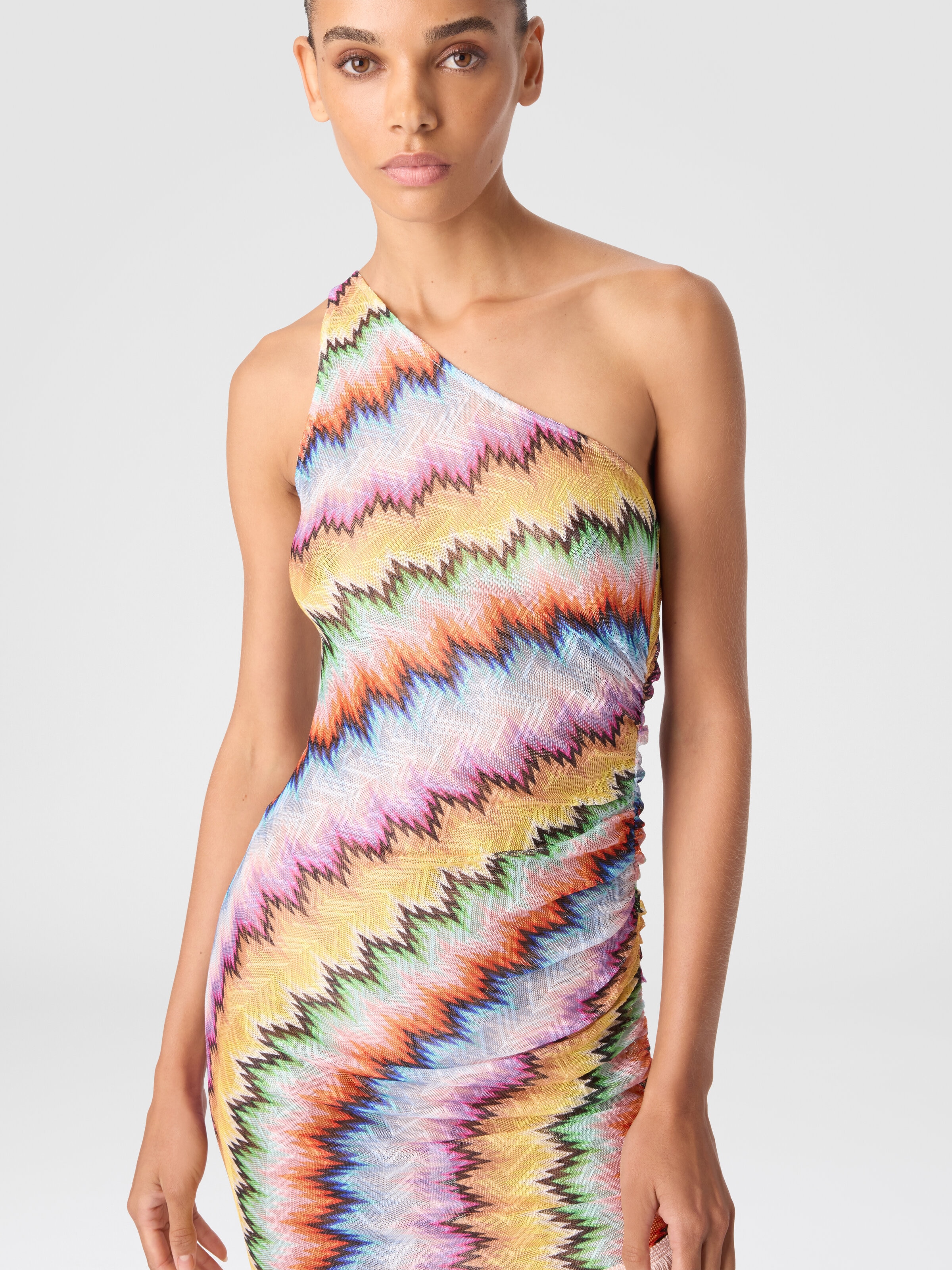 One-Shoulder Cover-Up with Fringes and Faded Stripes, Multicoloured  - 4