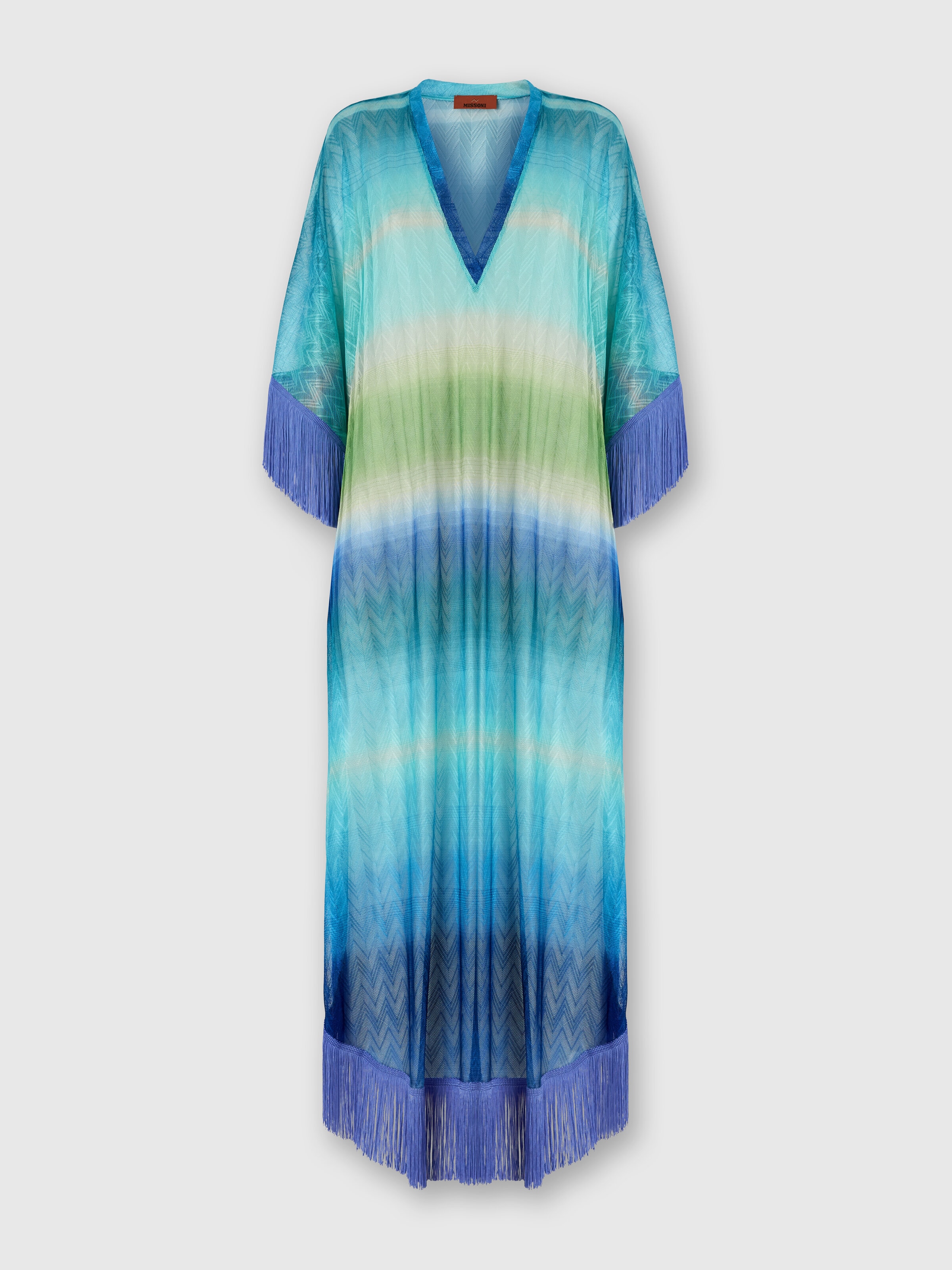 Long Cover-Up with Fringes and Faded Stripes, Blue & Green - 0