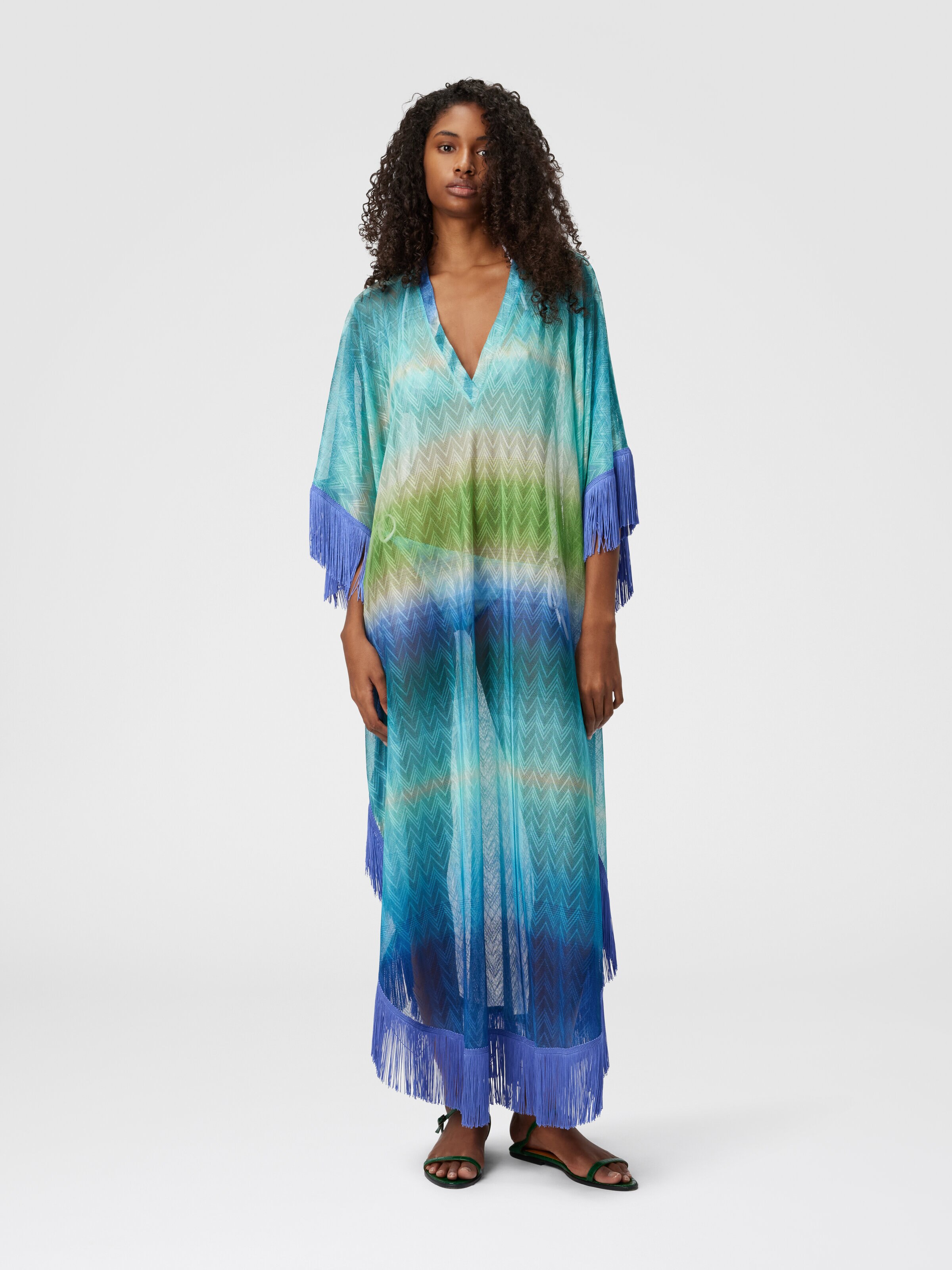 Long Cover-Up with Fringes and Faded Stripes, Blue & Green - 1
