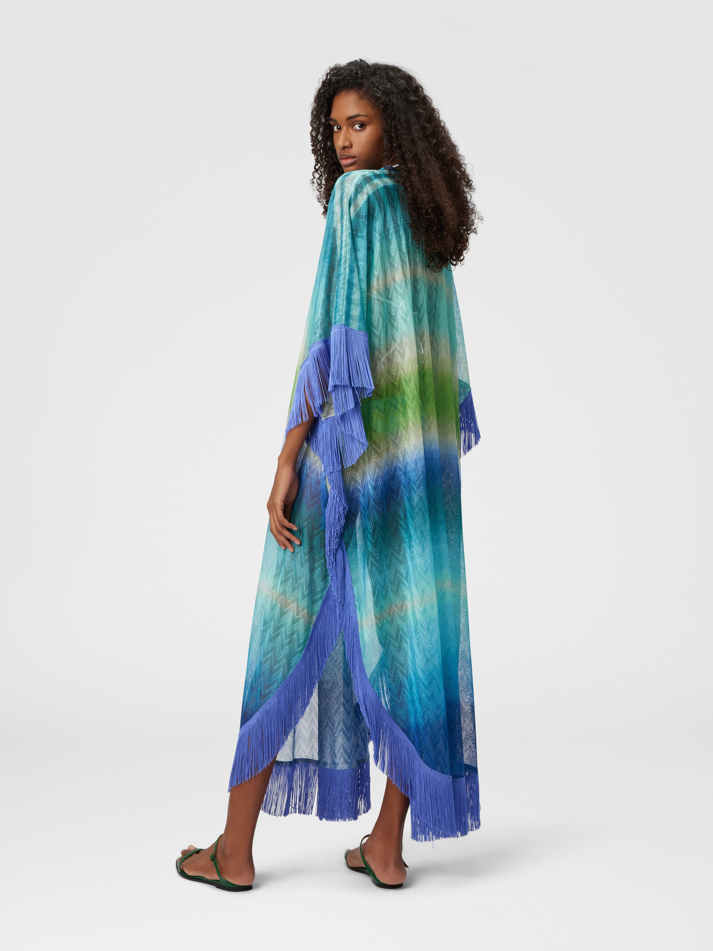 Long Cover-Up with Fringes and Faded Stripes, Blue & Green - 2