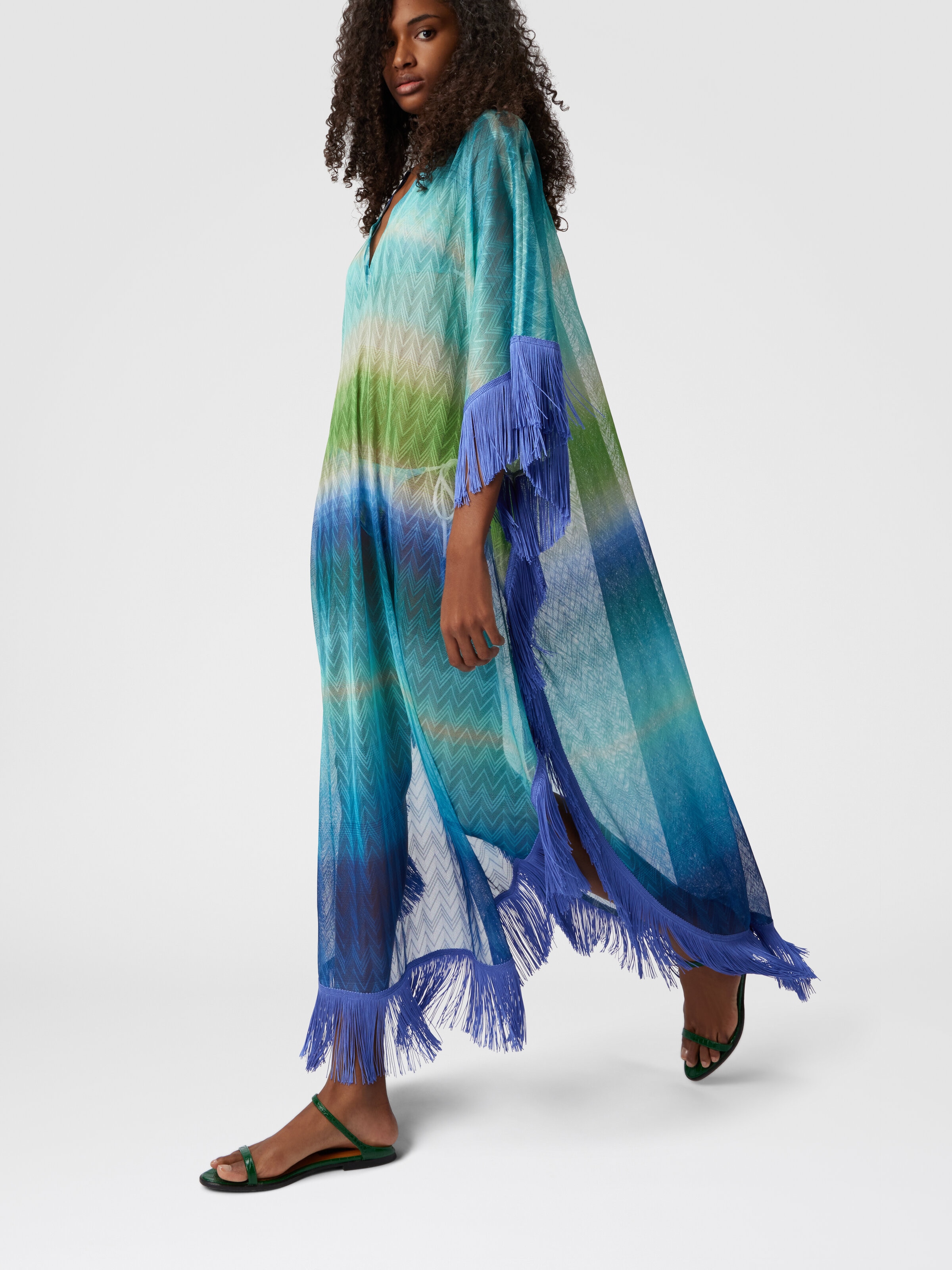 Long Cover-Up with Fringes and Faded Stripes, Blue & Green - 3