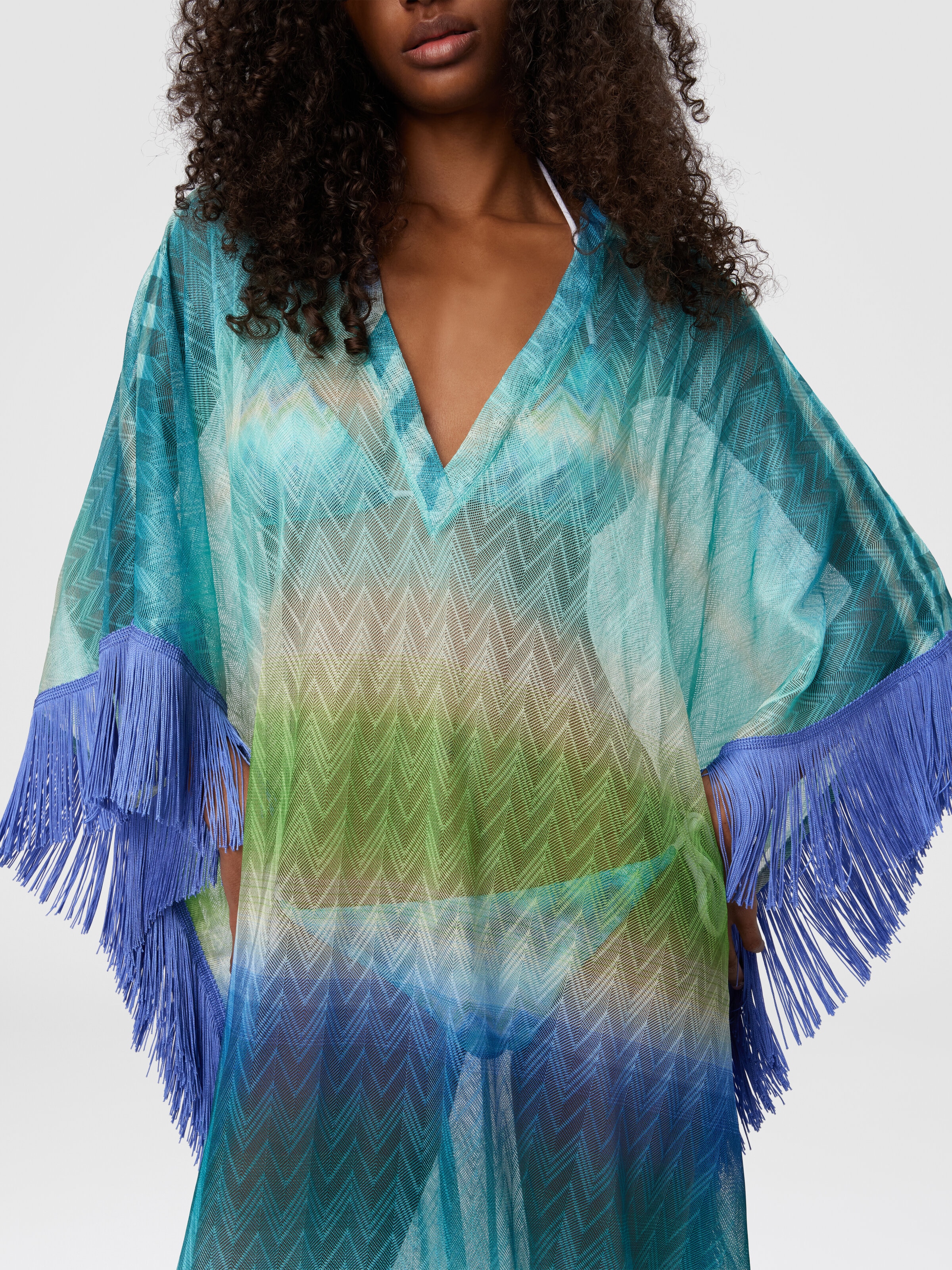 Long Cover-Up with Fringes and Faded Stripes, Blue & Green - 4