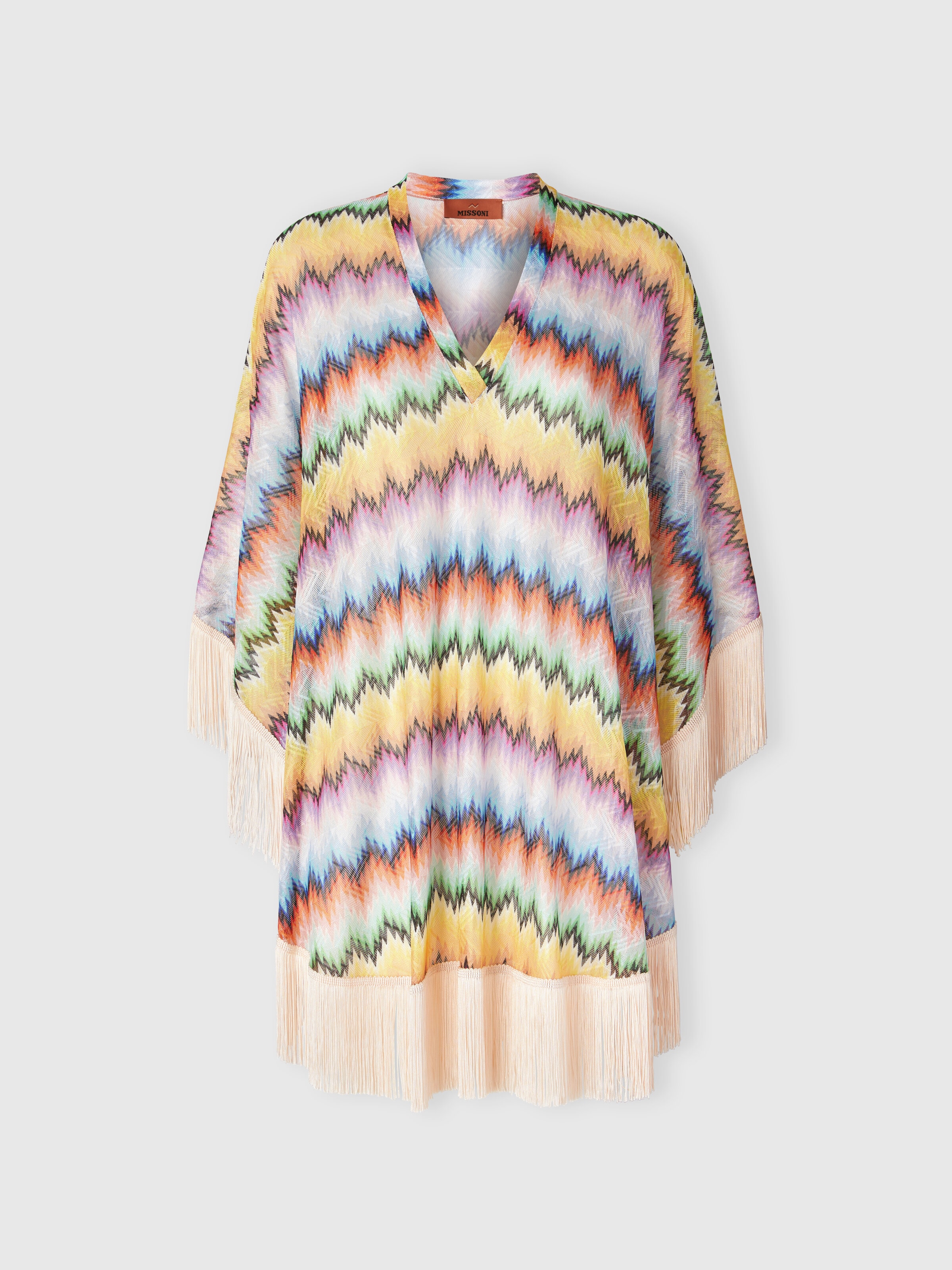 Short caftan with fringes and gradient stripe print, Multicoloured  - 0
