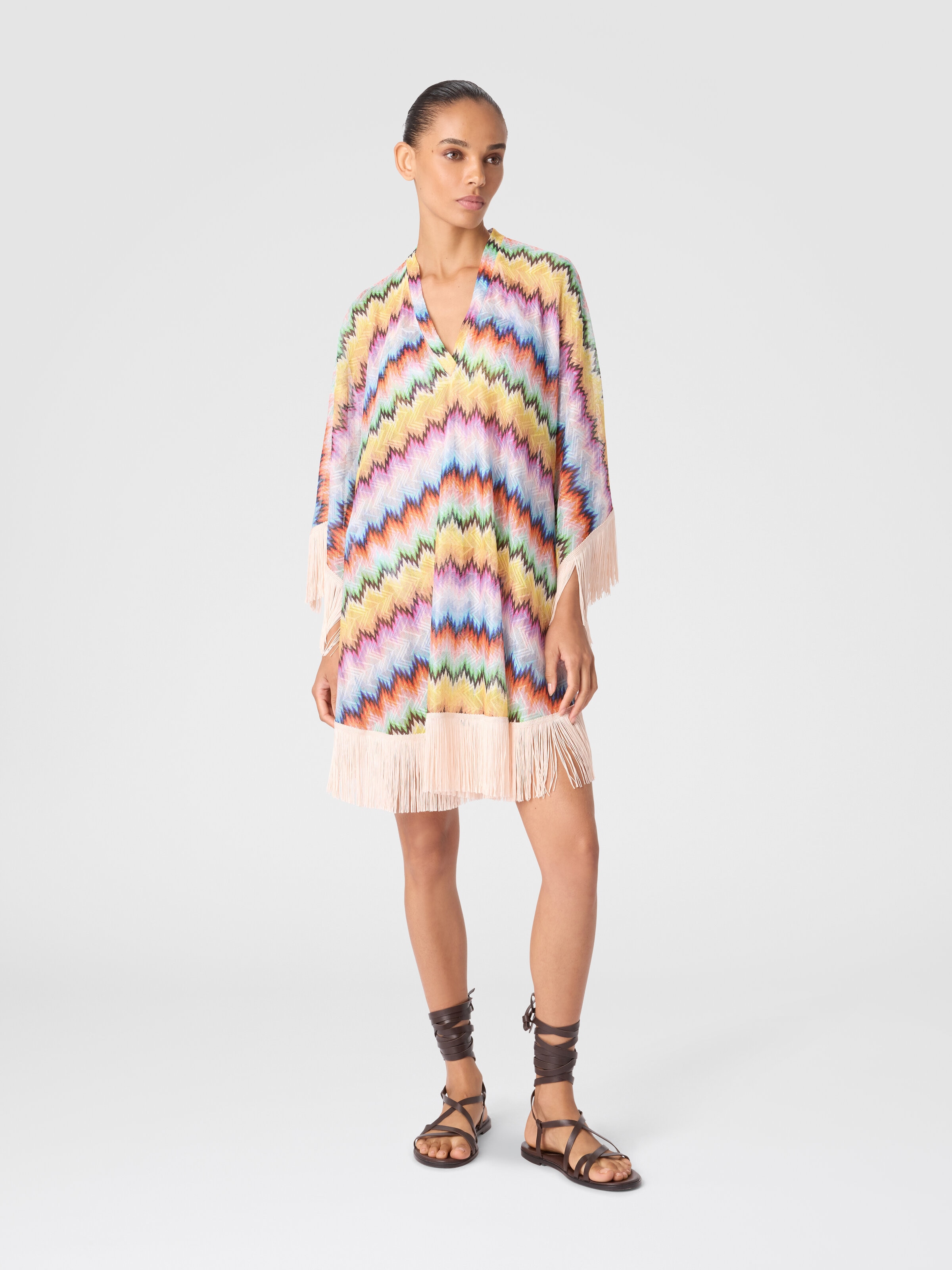 Short caftan with fringes and gradient stripe print, Multicoloured  - 1