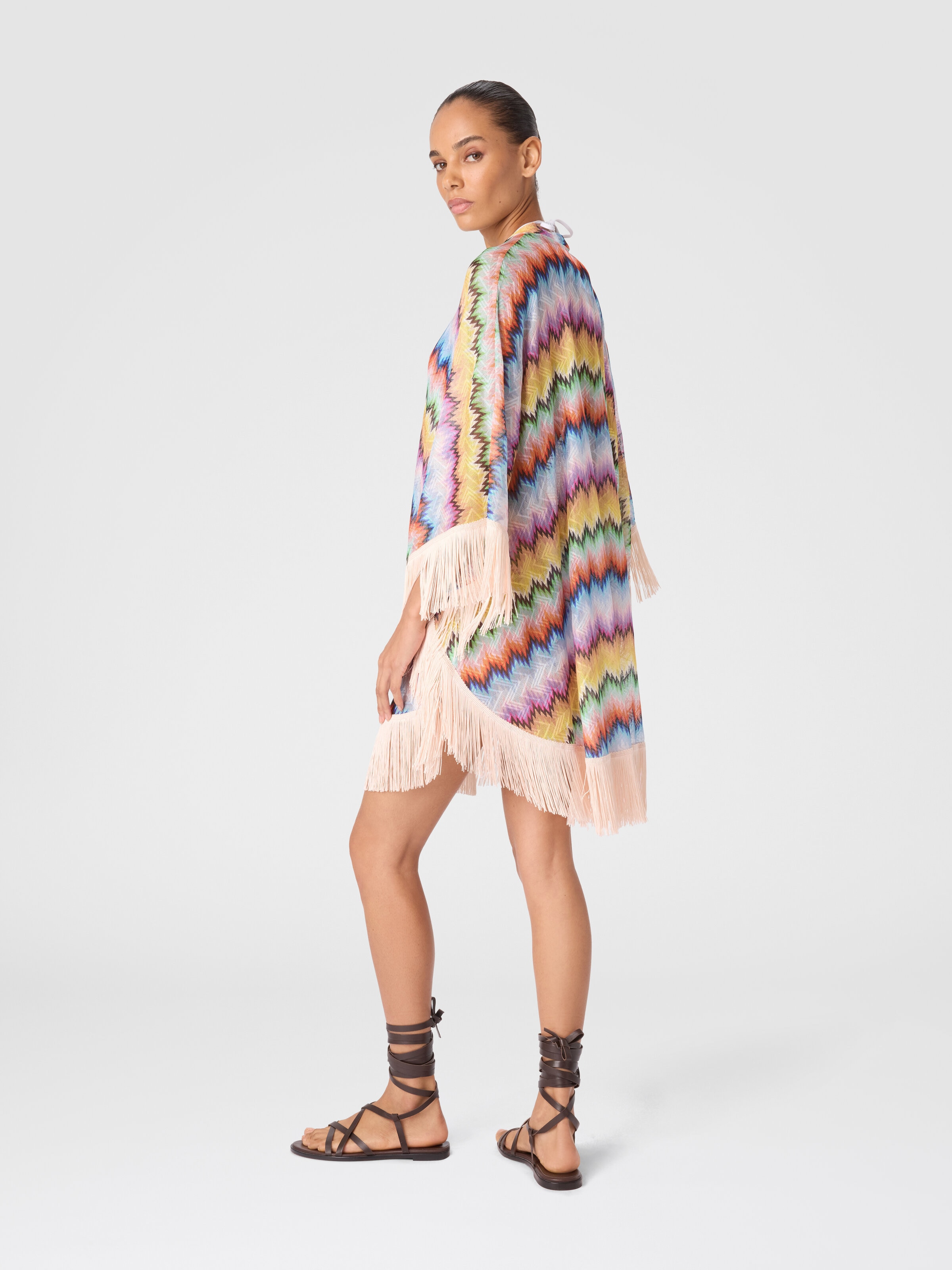 Short caftan with fringes and gradient stripe print, Multicoloured  - 2