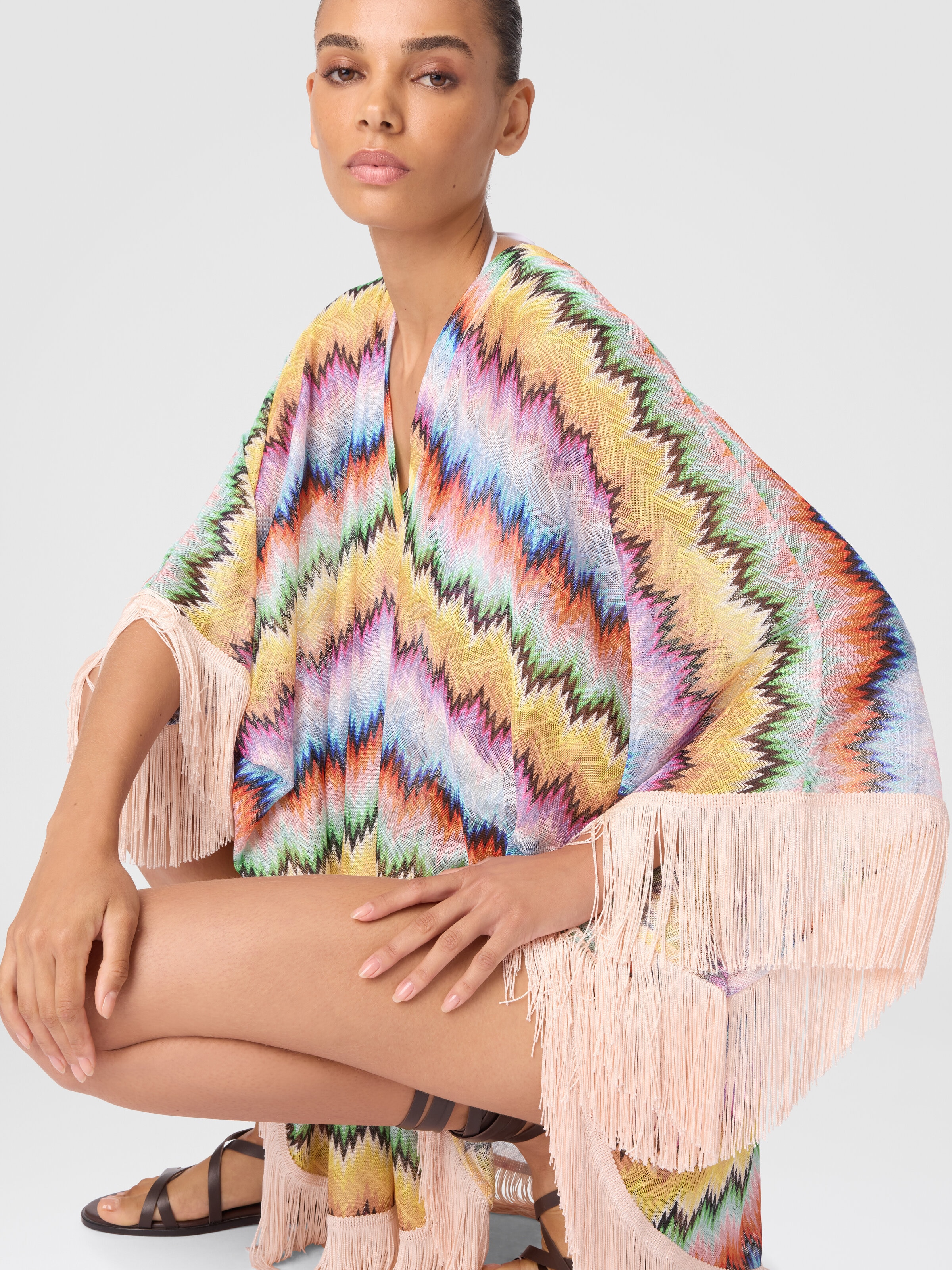 Short caftan with fringes and gradient stripe print, Multicoloured  - 3