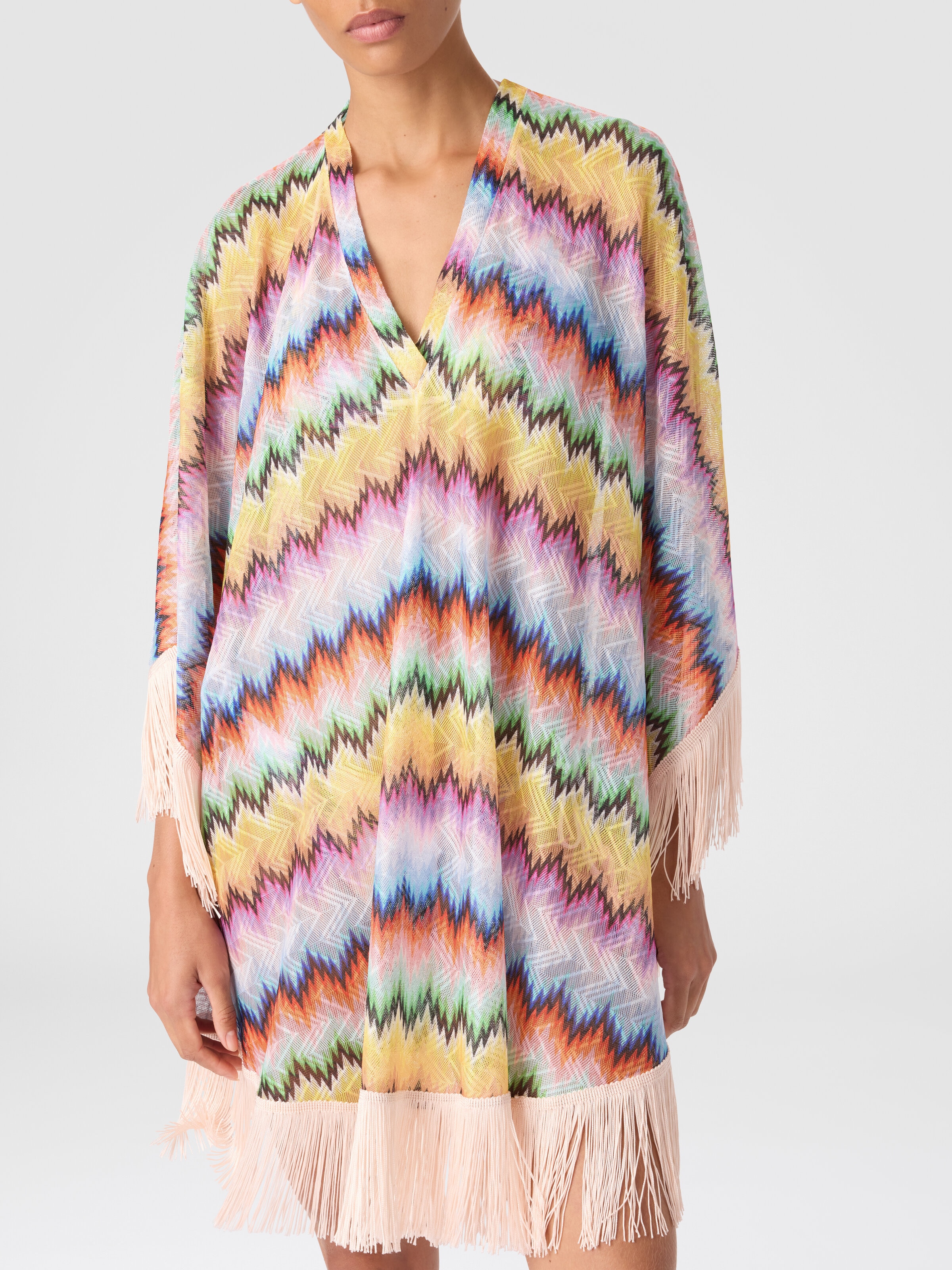 Short caftan with fringes and gradient stripe print, Multicoloured  - 4
