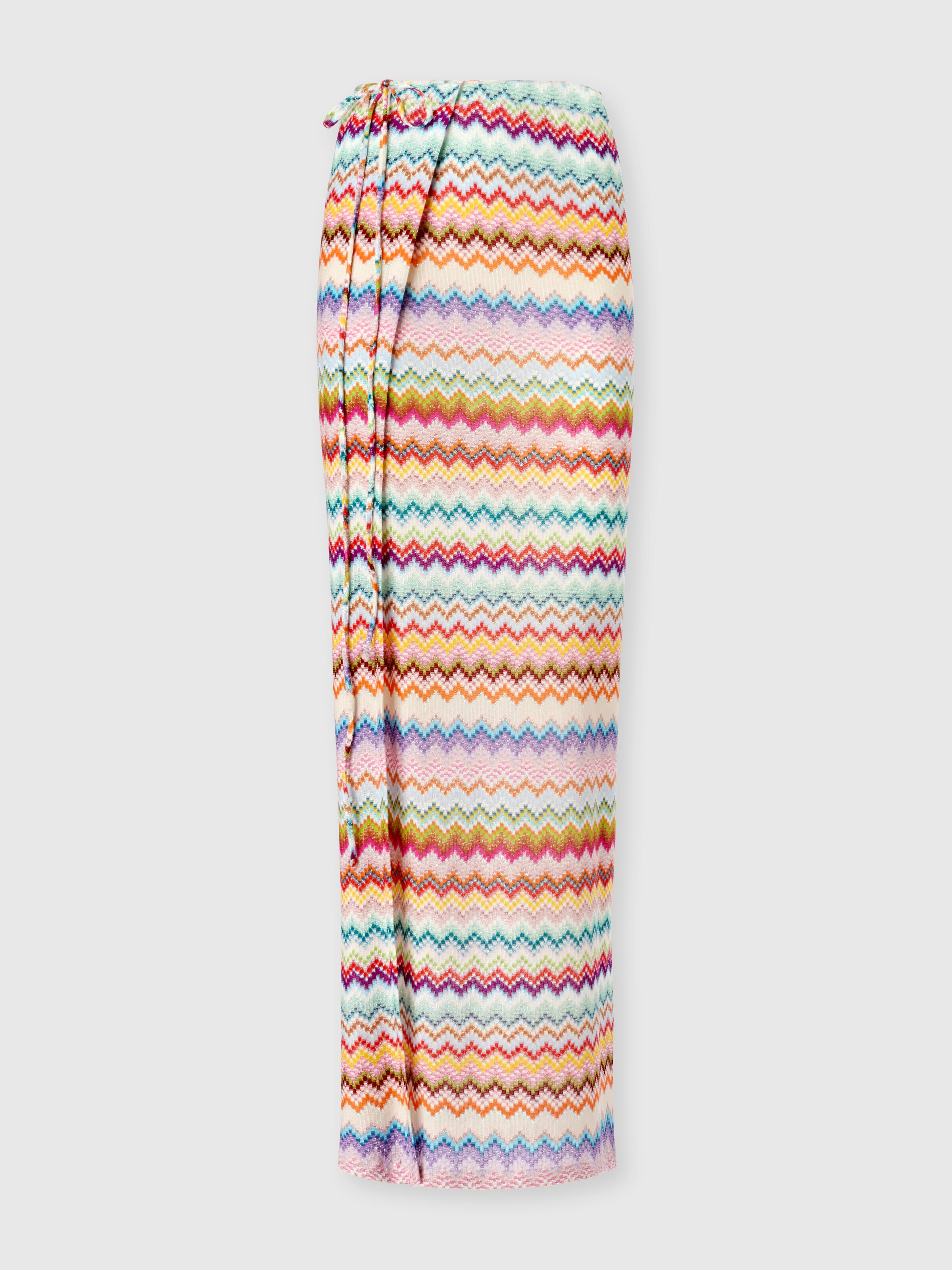 Long pareo skirt in lamé viscose with pixel-effect zigzag pattern, Multicoloured  - 0