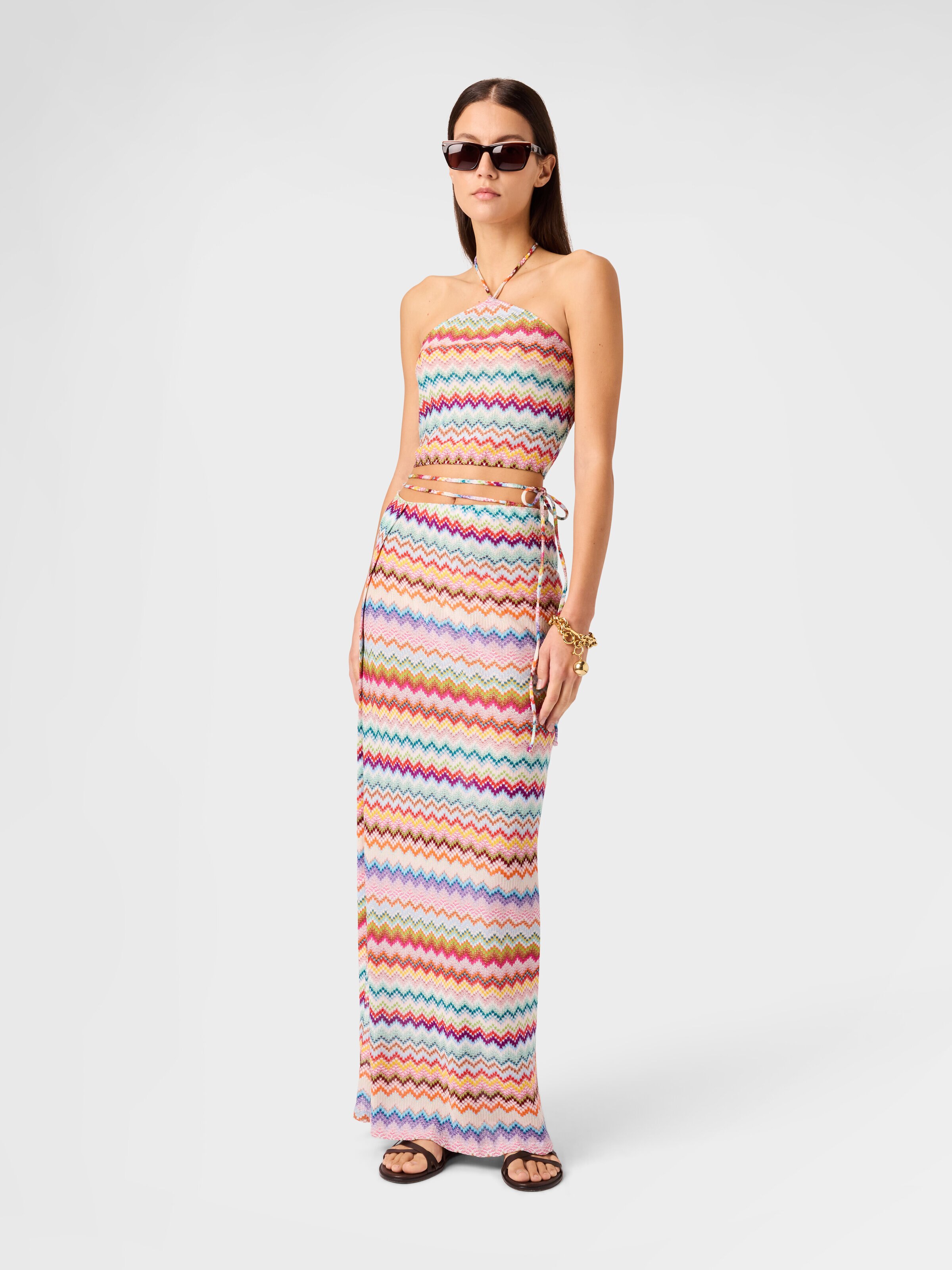 Long pareo skirt in lamé viscose with pixel-effect zigzag pattern, Multicoloured  - 1