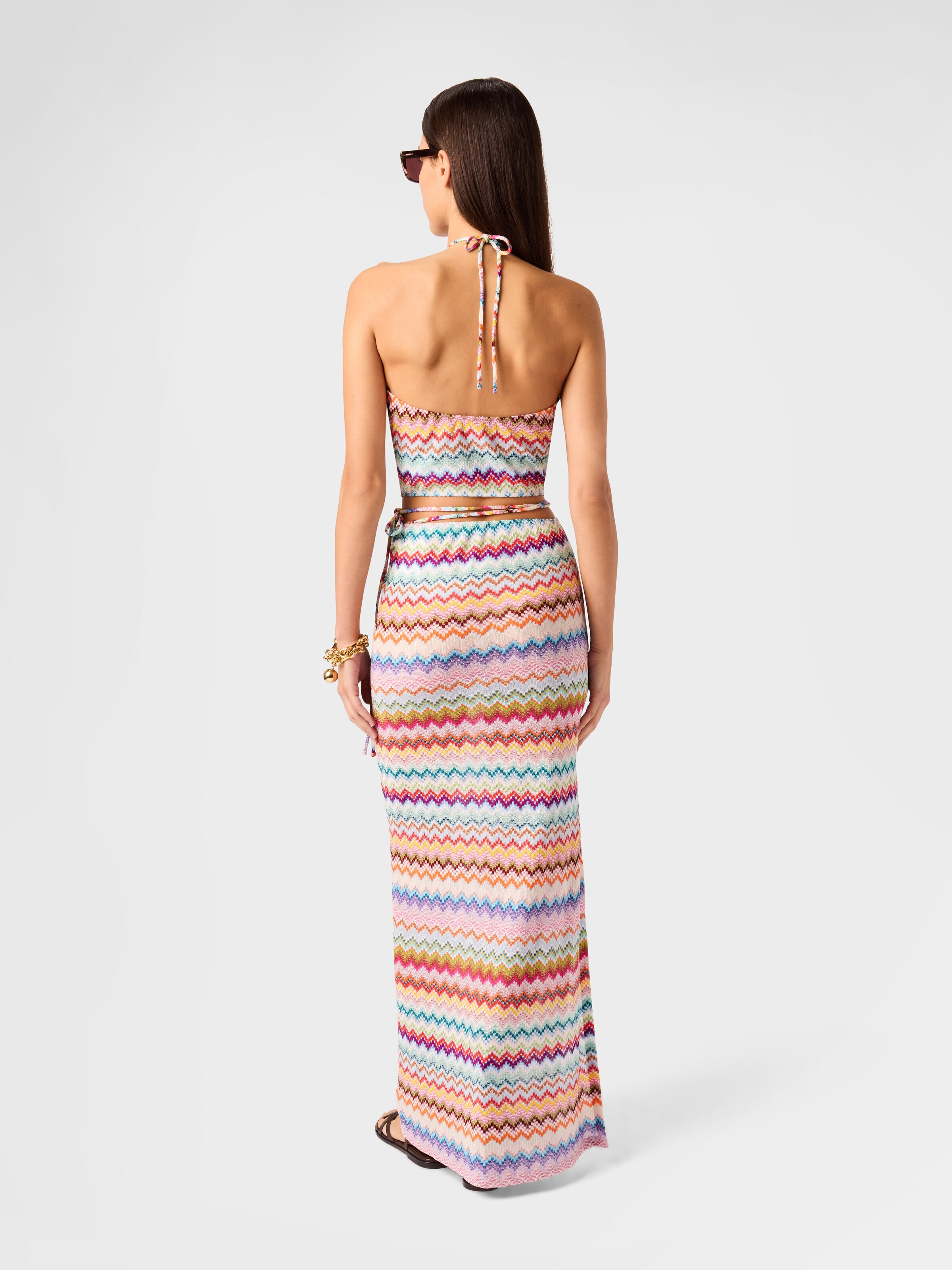 Long pareo skirt in lamé viscose with pixel-effect zigzag pattern, Multicoloured  - 2