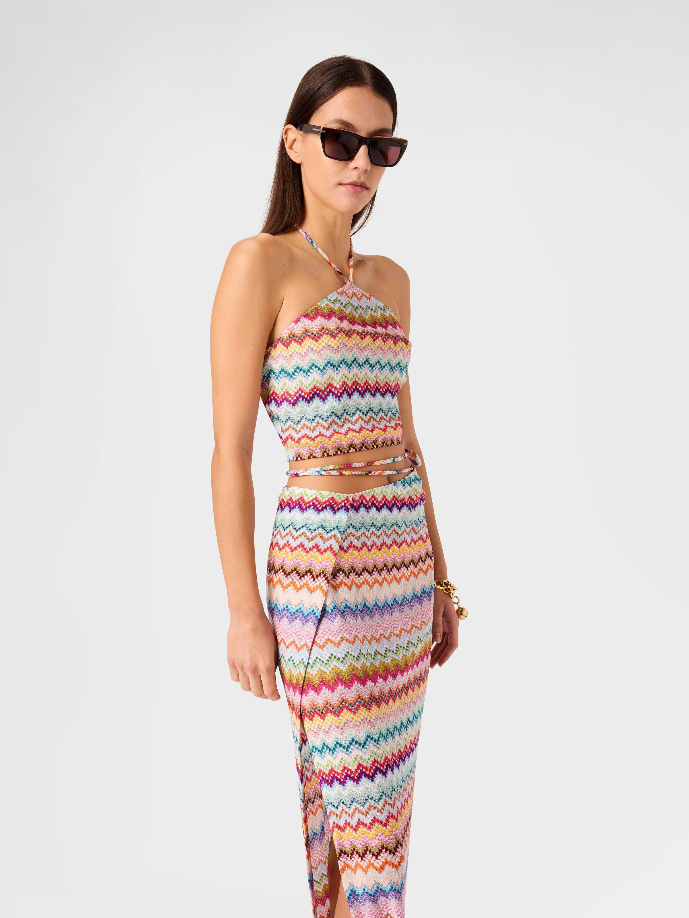 Long pareo skirt in lamé viscose with pixel-effect zigzag pattern, Multicoloured  - 3