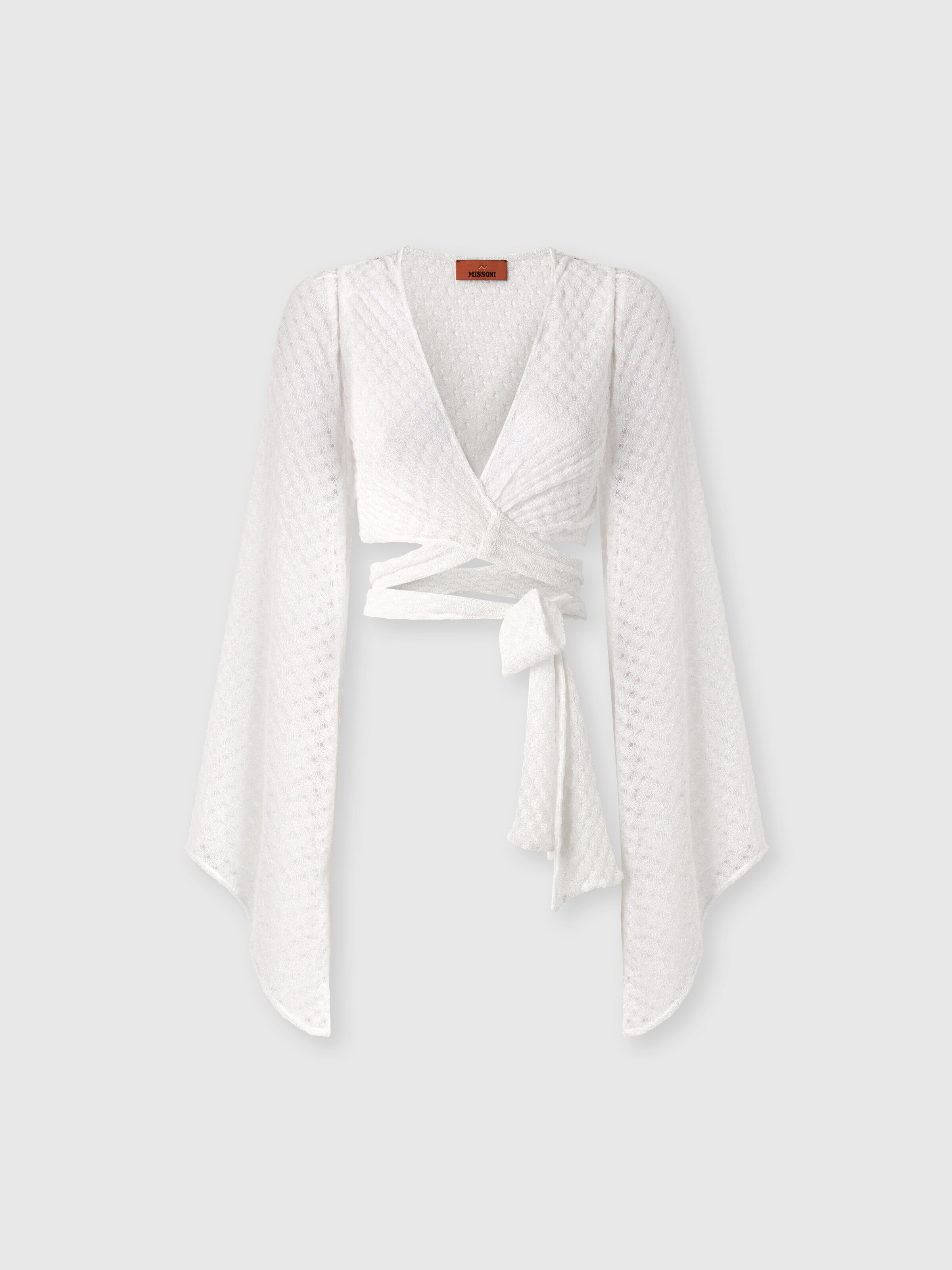 Top cruzado en viscosa lamé con trabajo raschel, Blanco  - 0