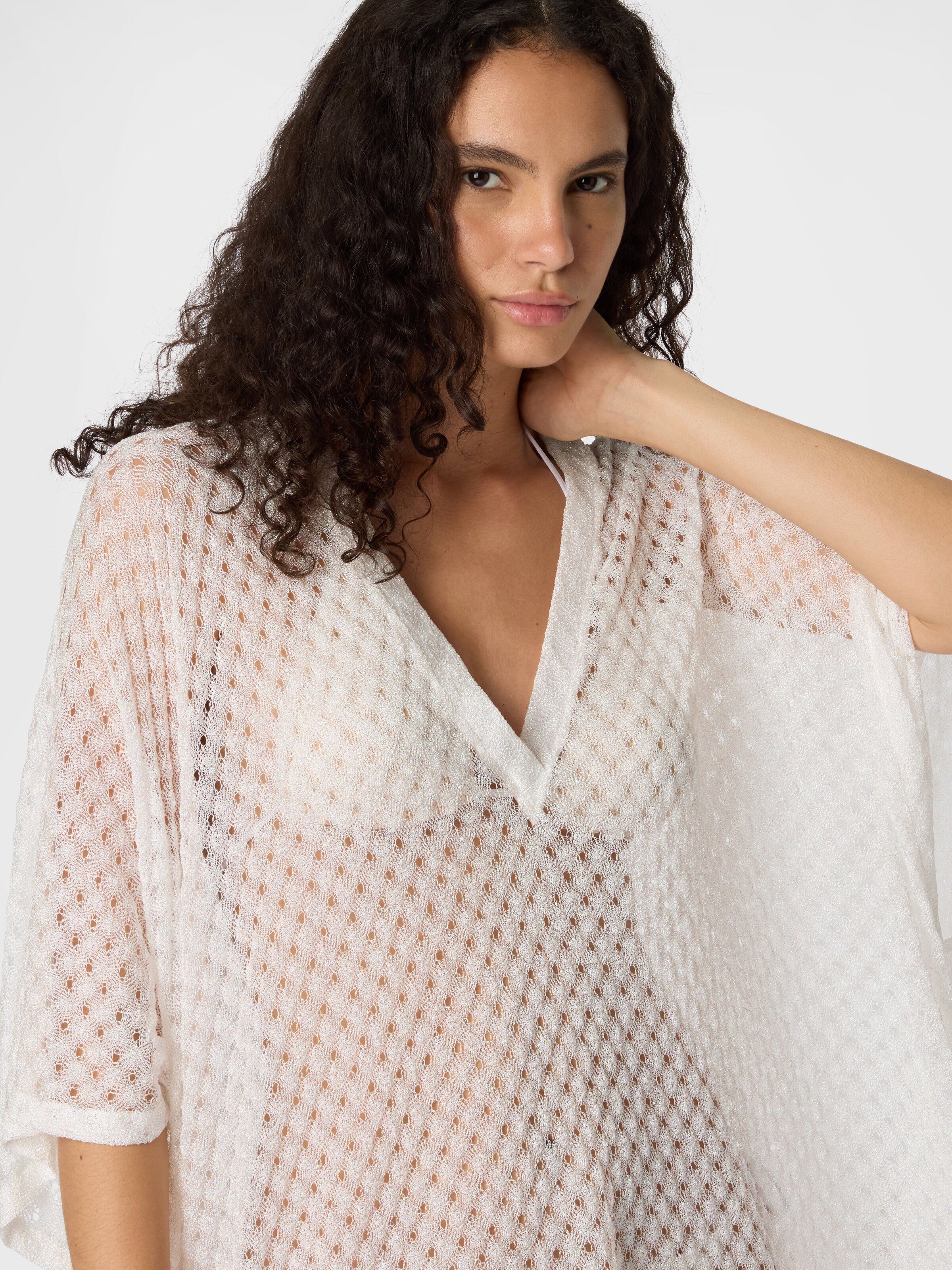 Caftán corto de playa en viscosa lamé con trabajo raschel, Blanco  - 3