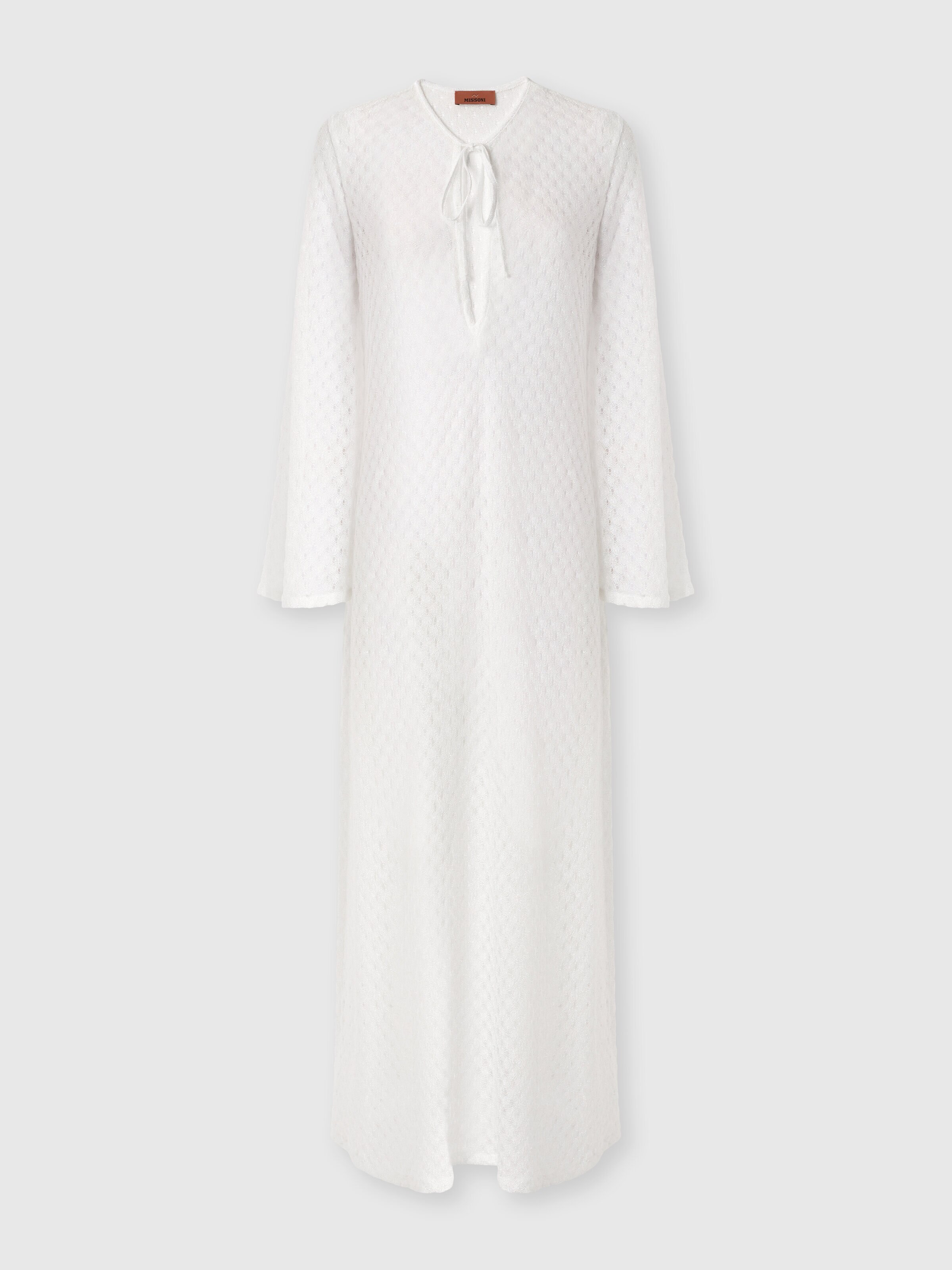 Long cover-up dress in lamé viscose with raschel workmanship, White  - 0
