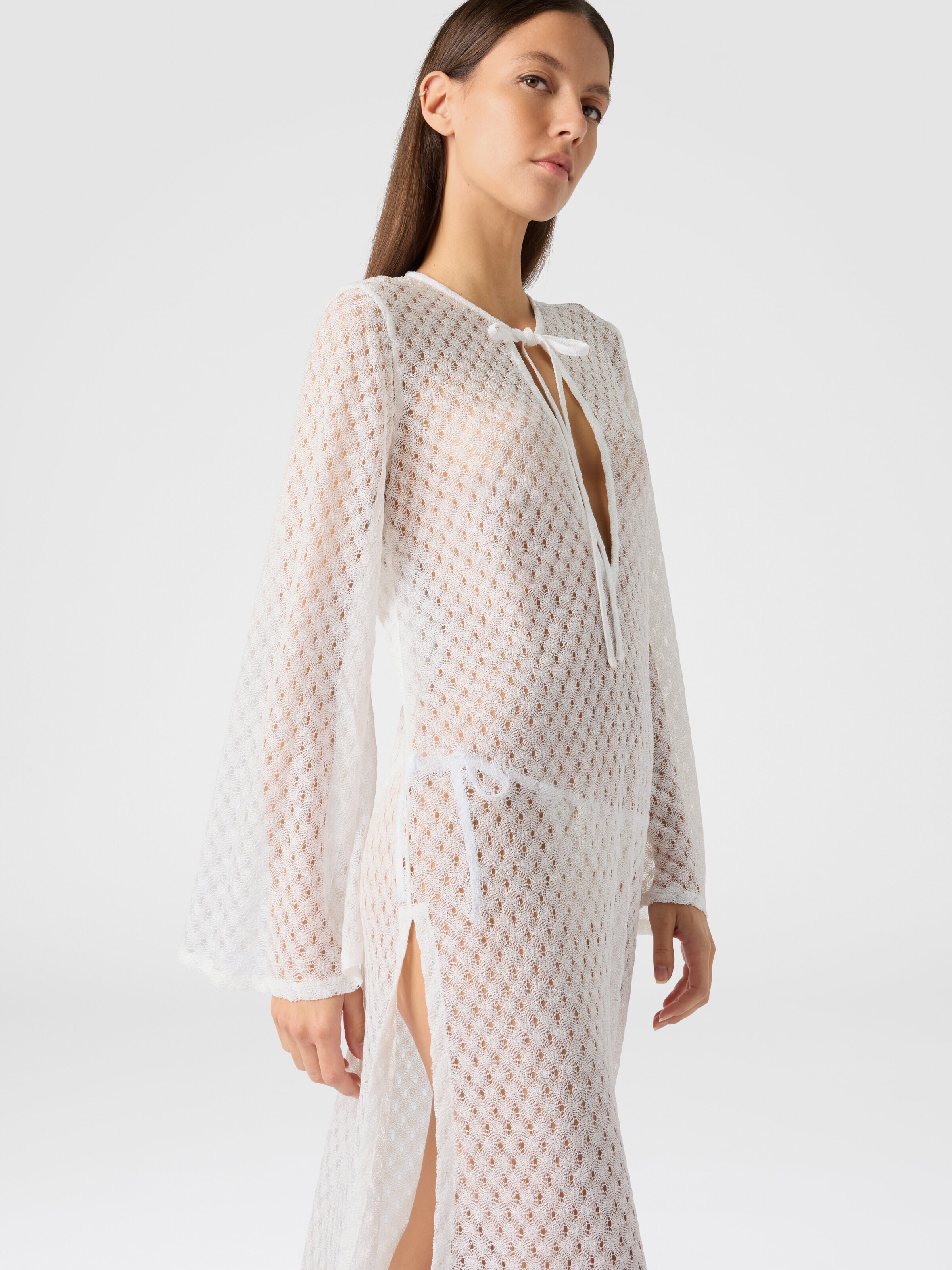 Long cover-up dress in lamé viscose with raschel workmanship, White  - 3