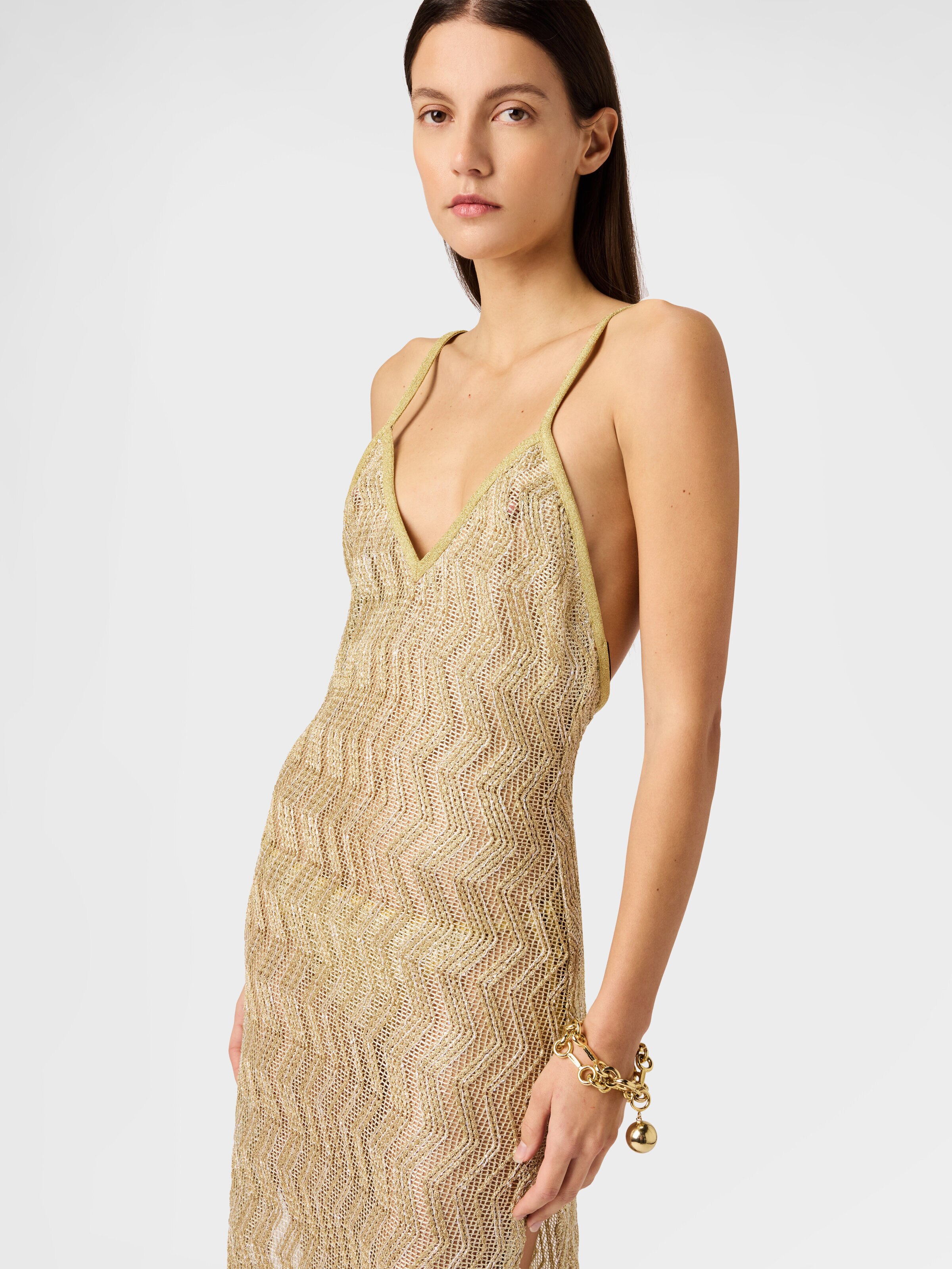 Robe de plage longue en résille à motif zigzag avec paillettes, Or - 3