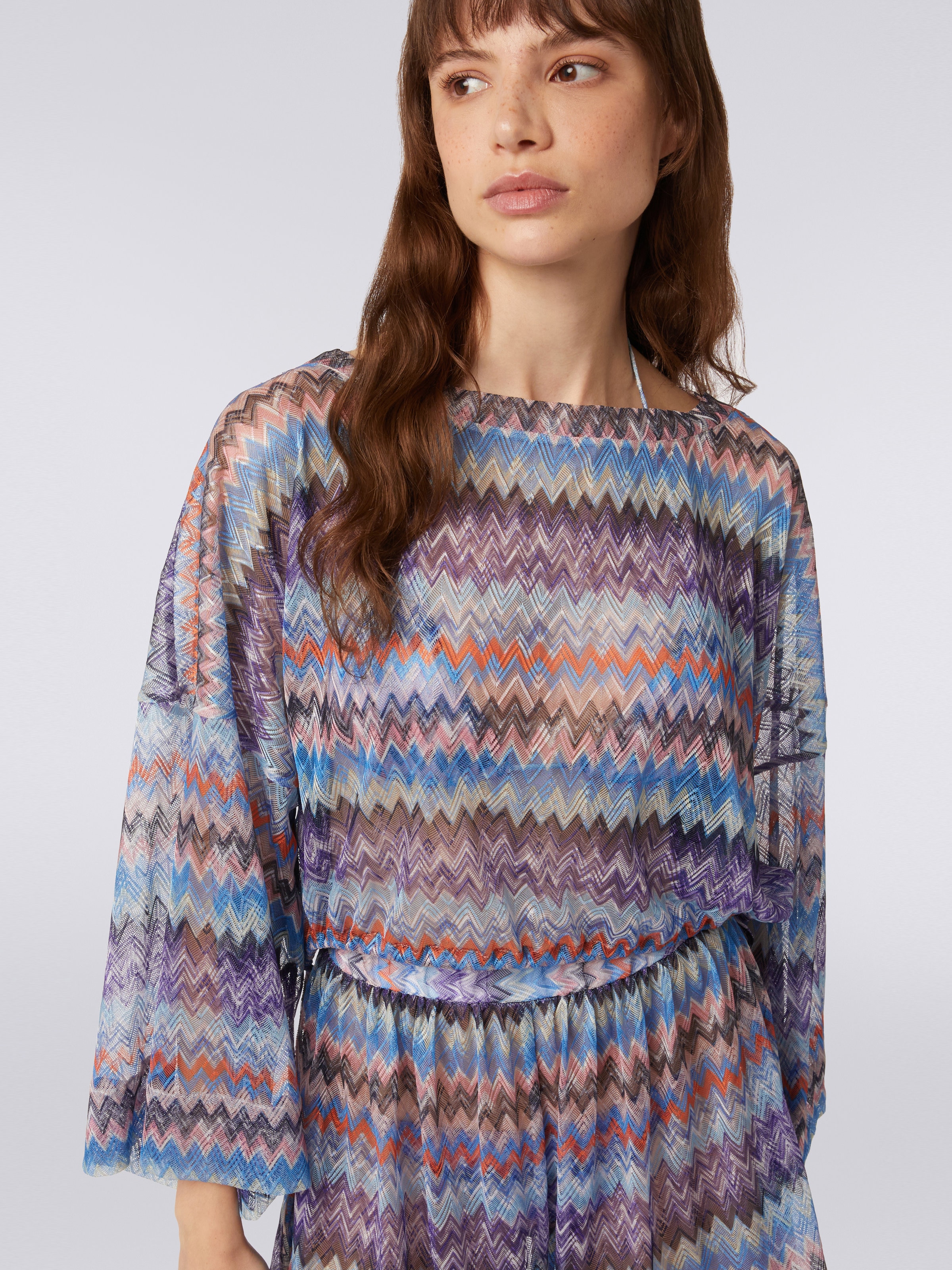 Chevron viscose tulle cover up blouse, Blue - 4