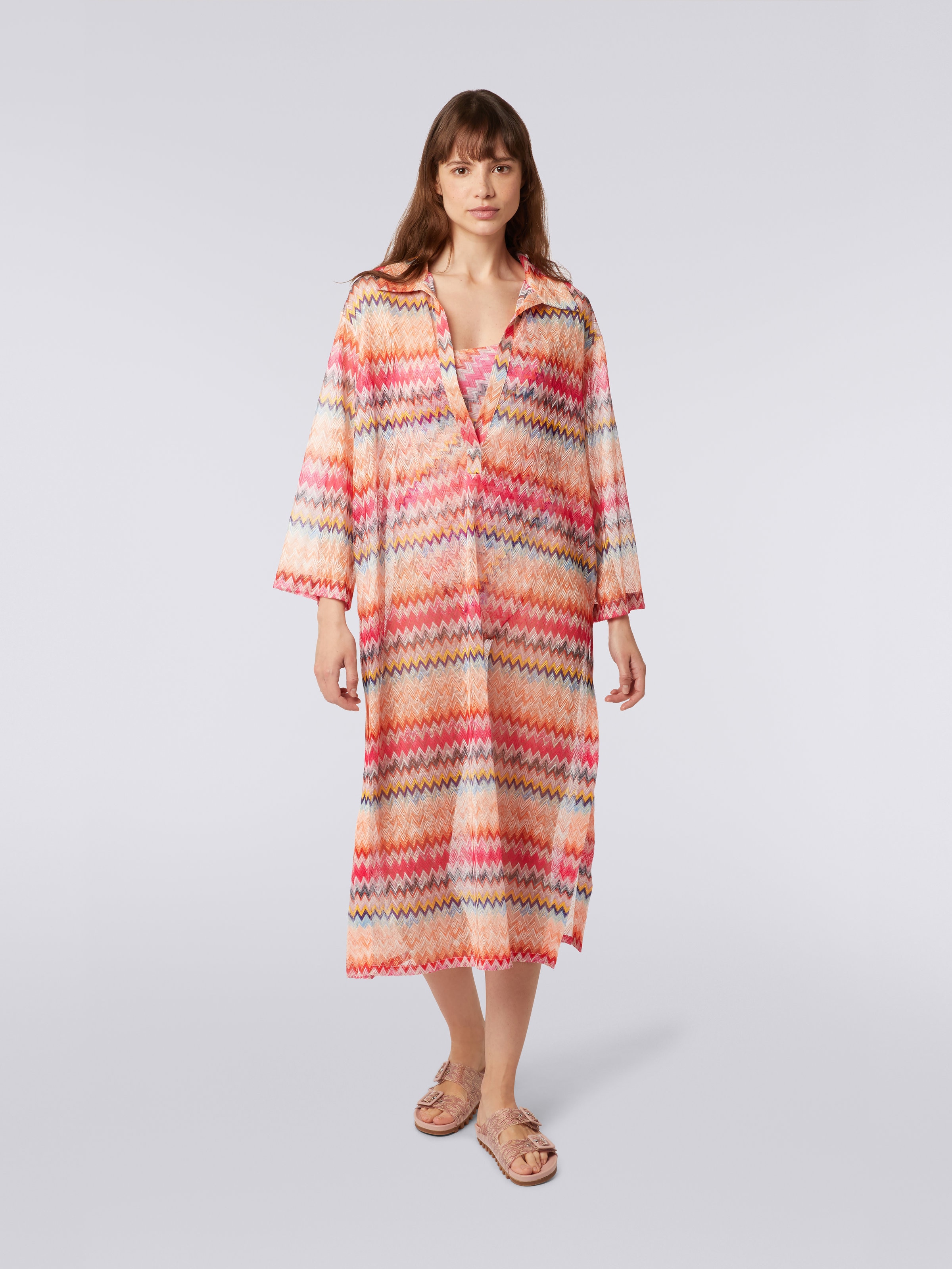 Long-sleeved long chevron viscose tulle cover up, Pink - 1