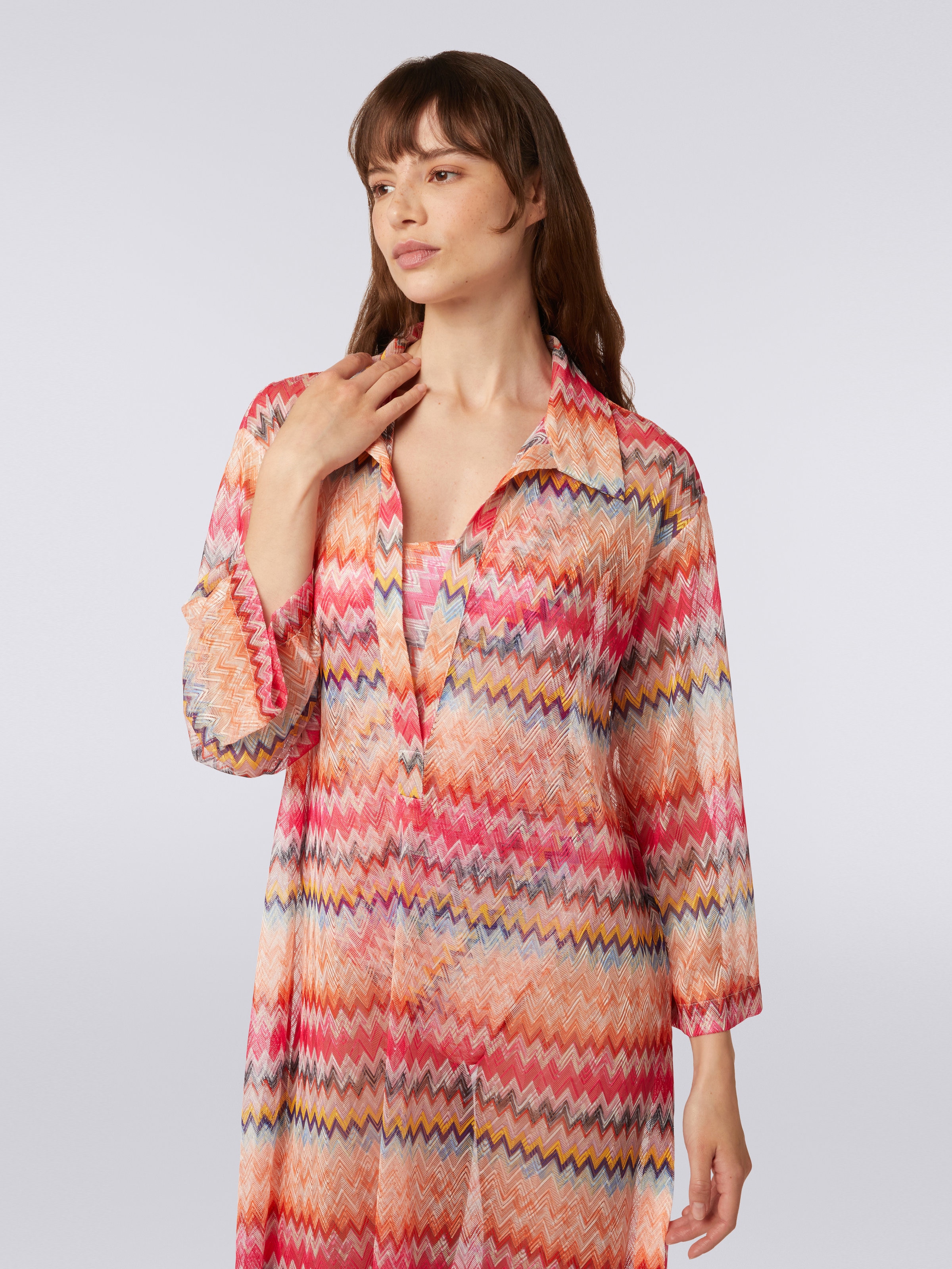 Long-sleeved long chevron viscose tulle cover up, Pink - 4
